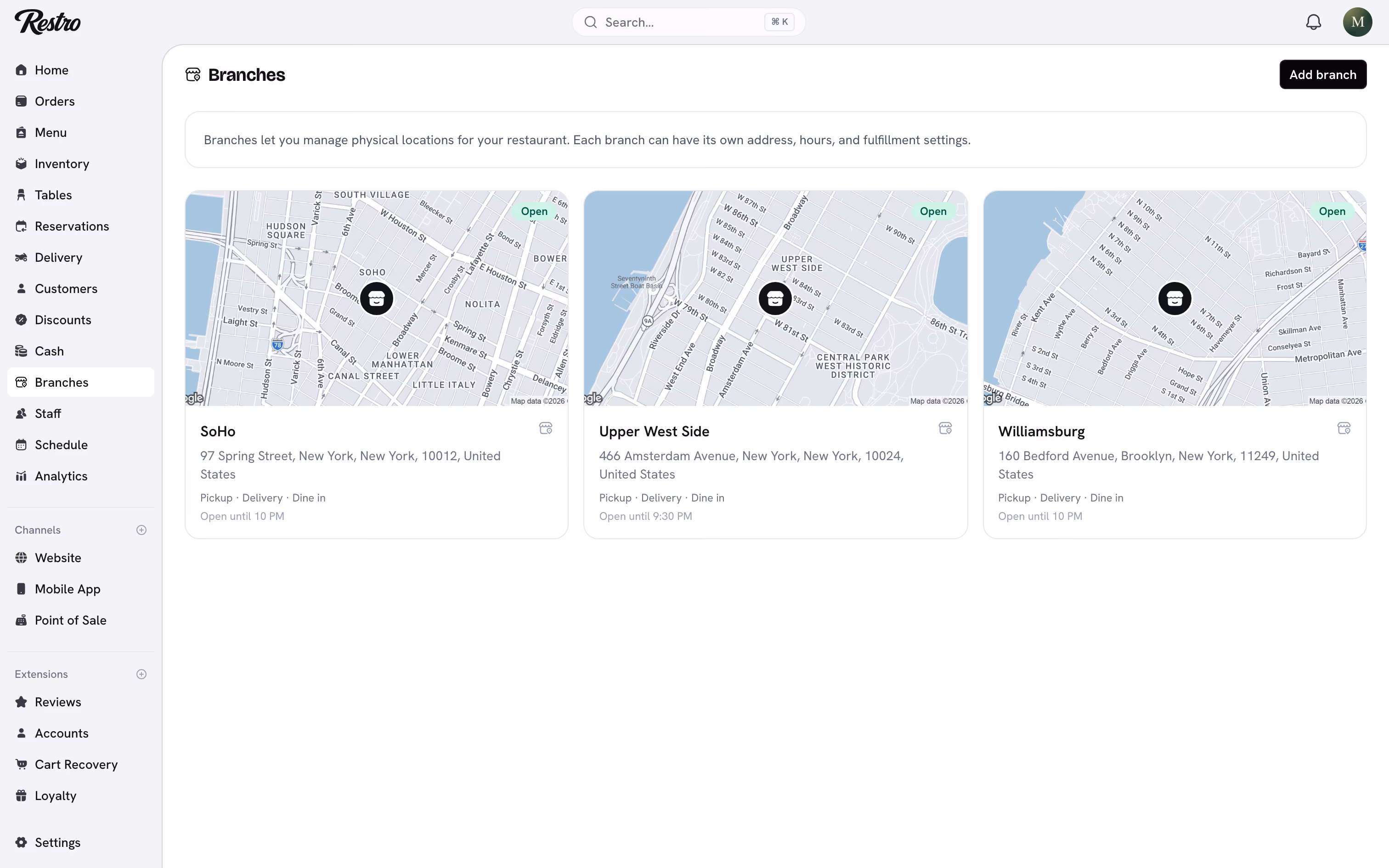 The Branches page showing a card for each location with its status and order types.