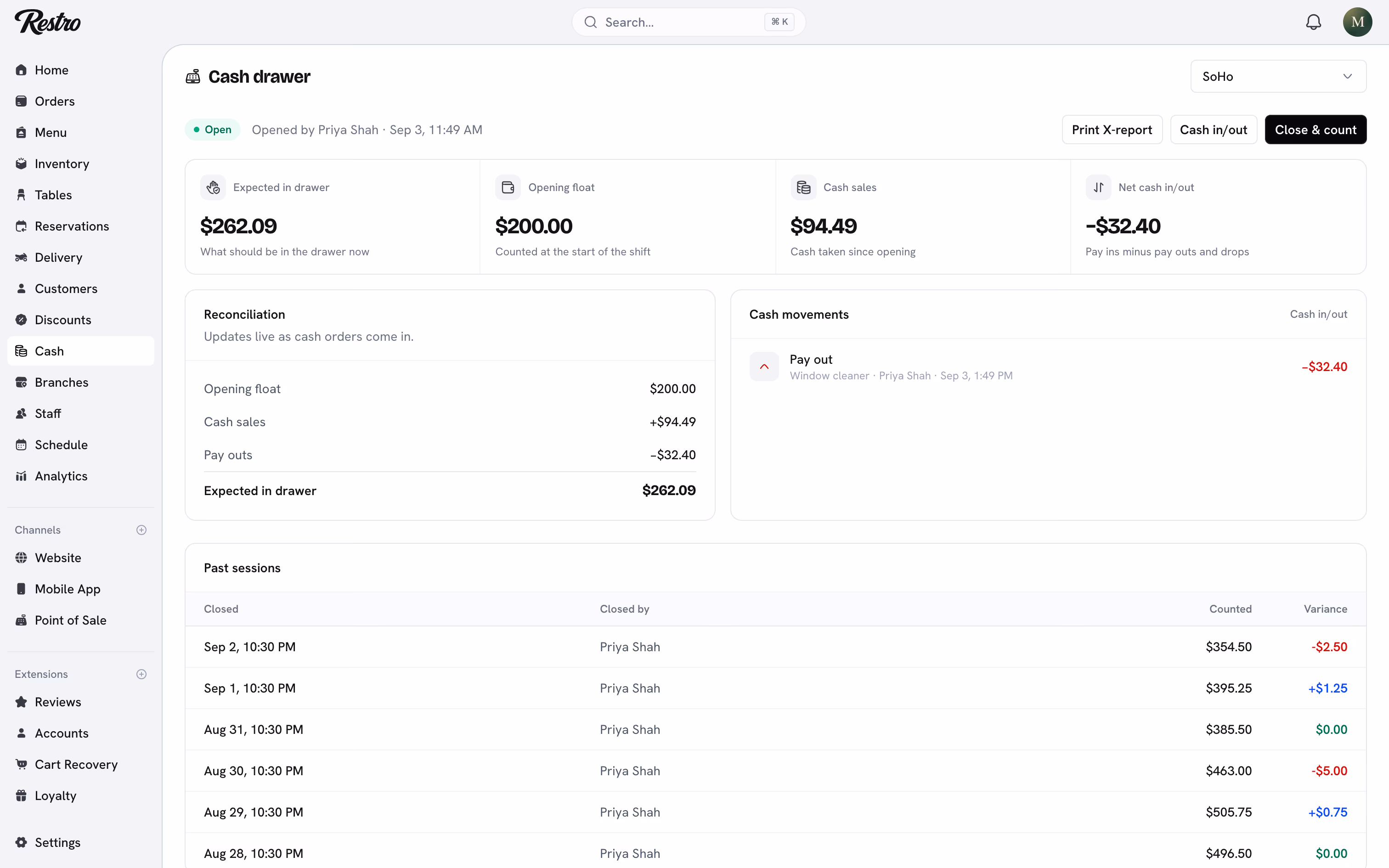 The Cash page with the open drawer for SoHo and past sessions below.