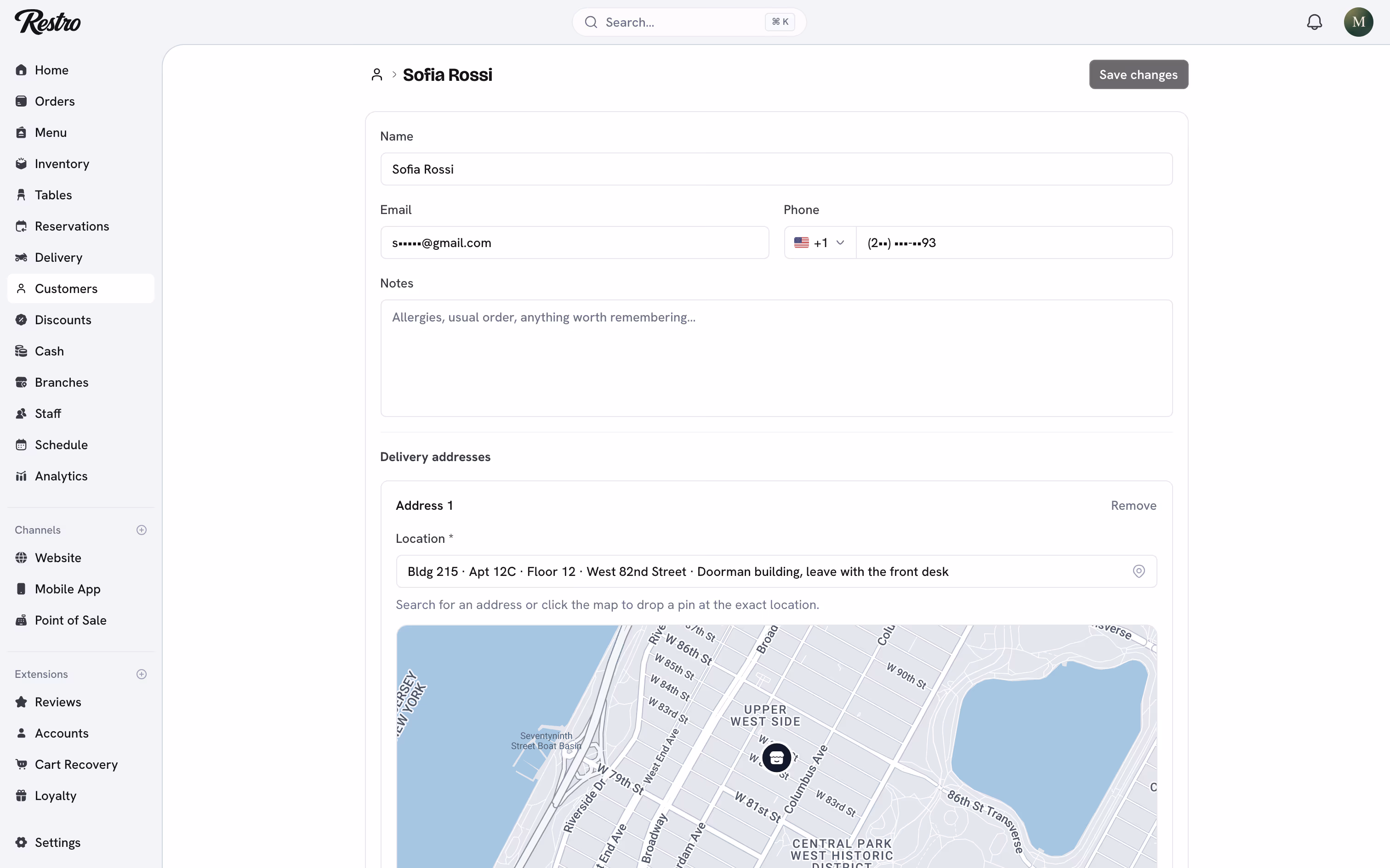 A customer's page with their details, notes, addresses and points balance.