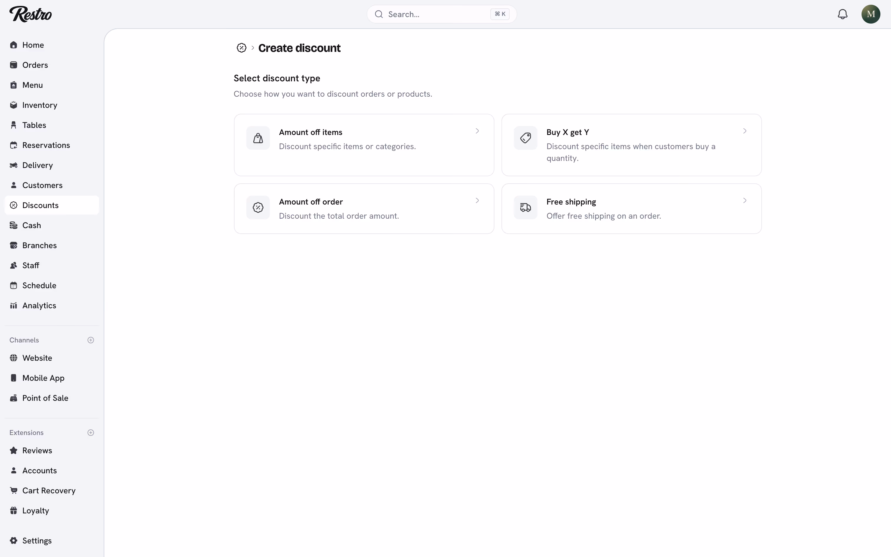 The new discount form with method, value and what it applies to.