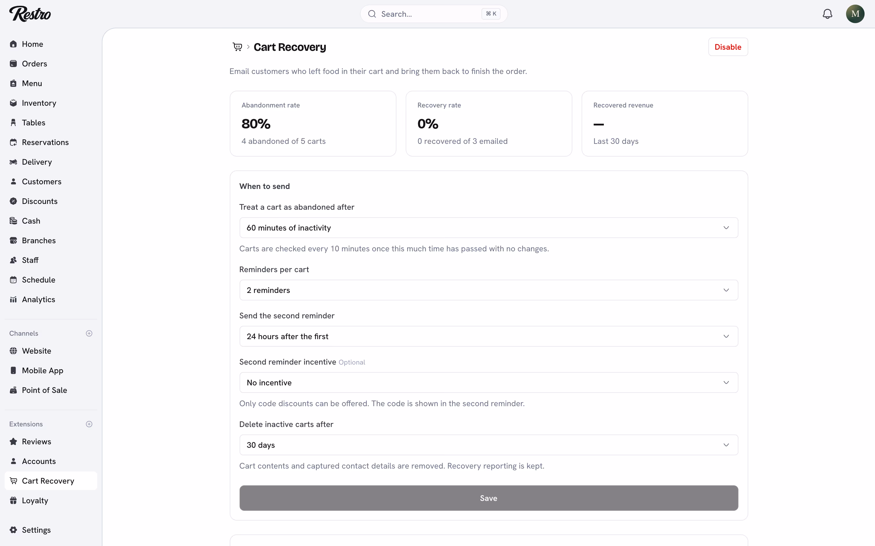 The Cart Recovery extension with abandonment rate, recovery rate and recent carts.