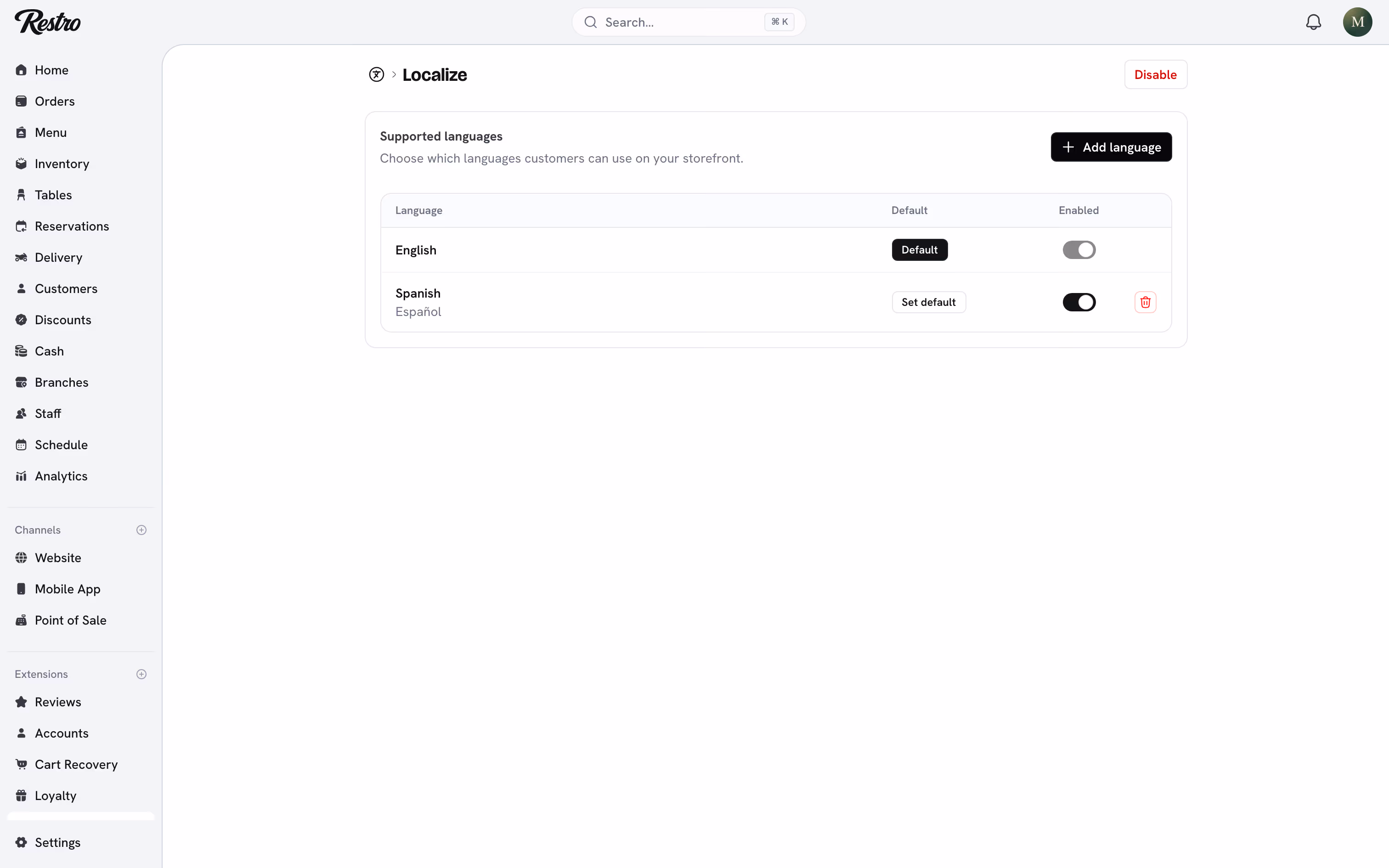 The Localize extension with the supported languages and their coverage.