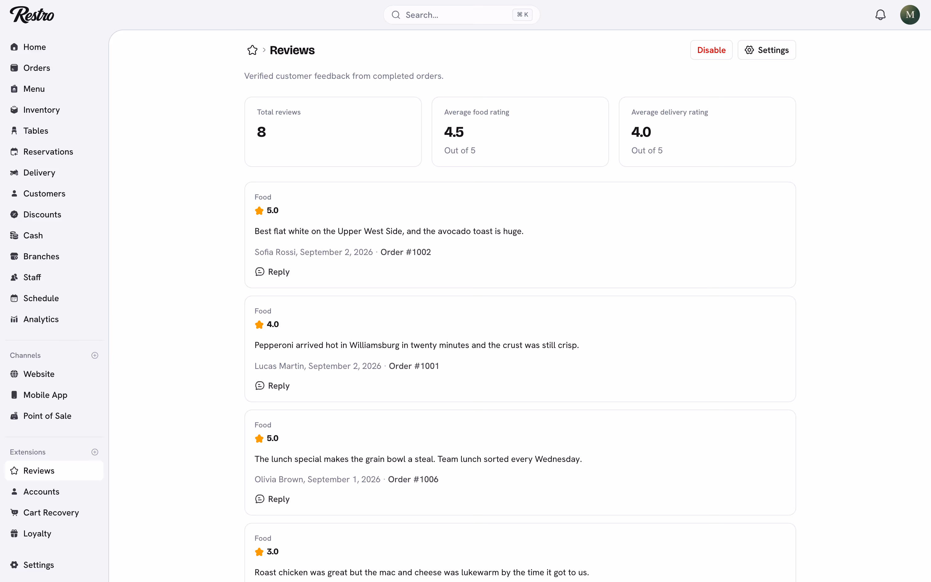 The Reviews extension with recent reviews and their ratings.