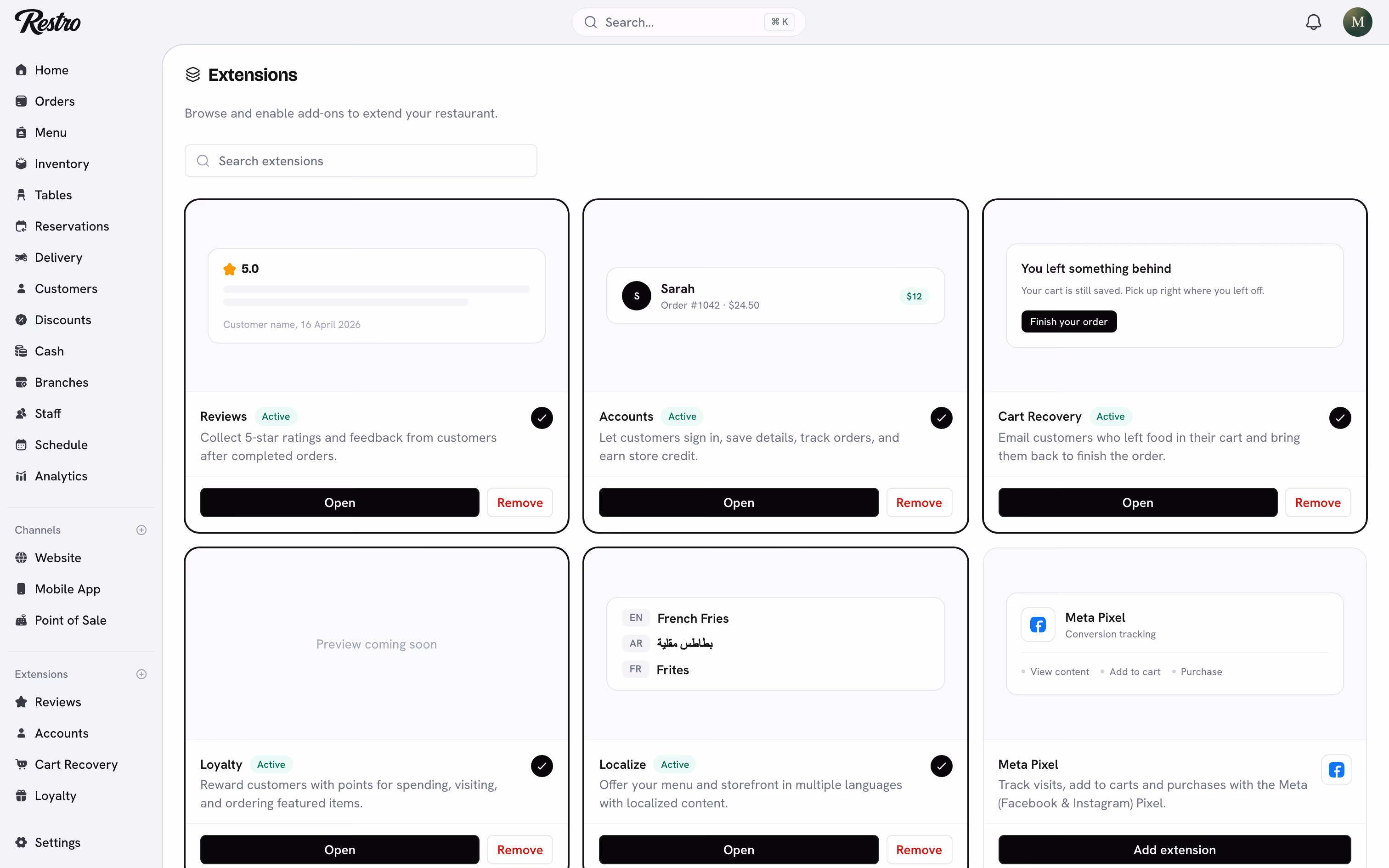 The Extensions page with the available add-ons.