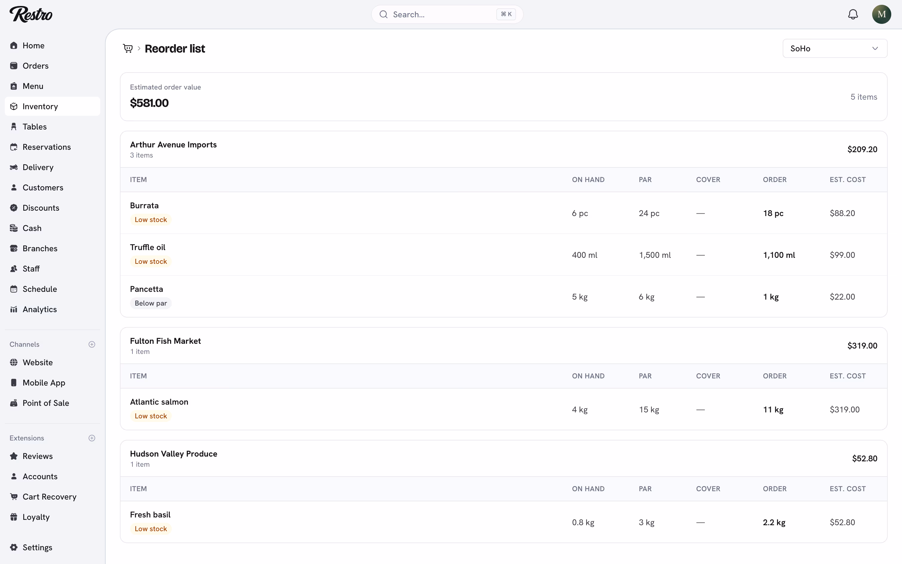 The reorder list showing items at or below par and how much to order.
