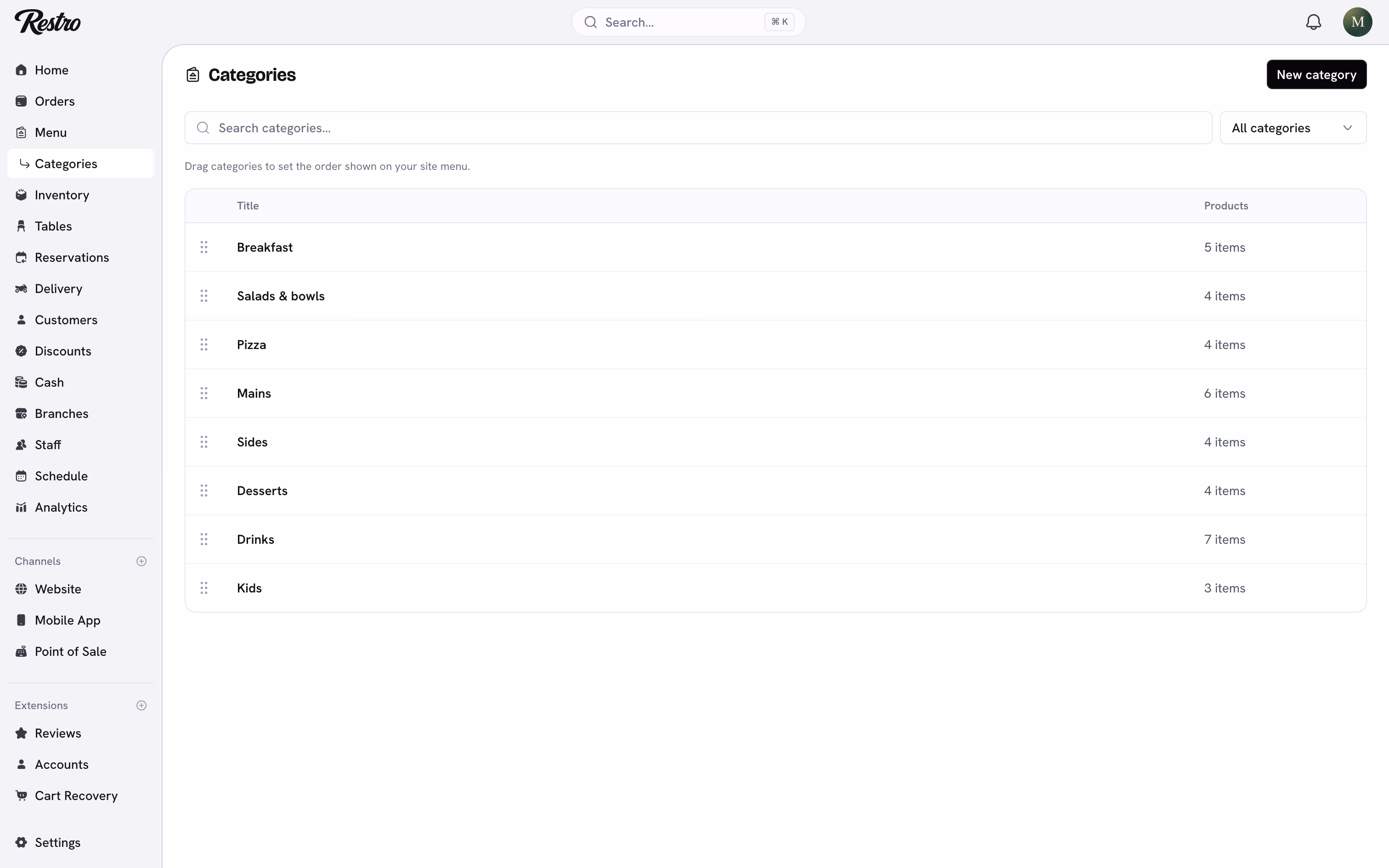 The categories list with the sort order and item count for each category.