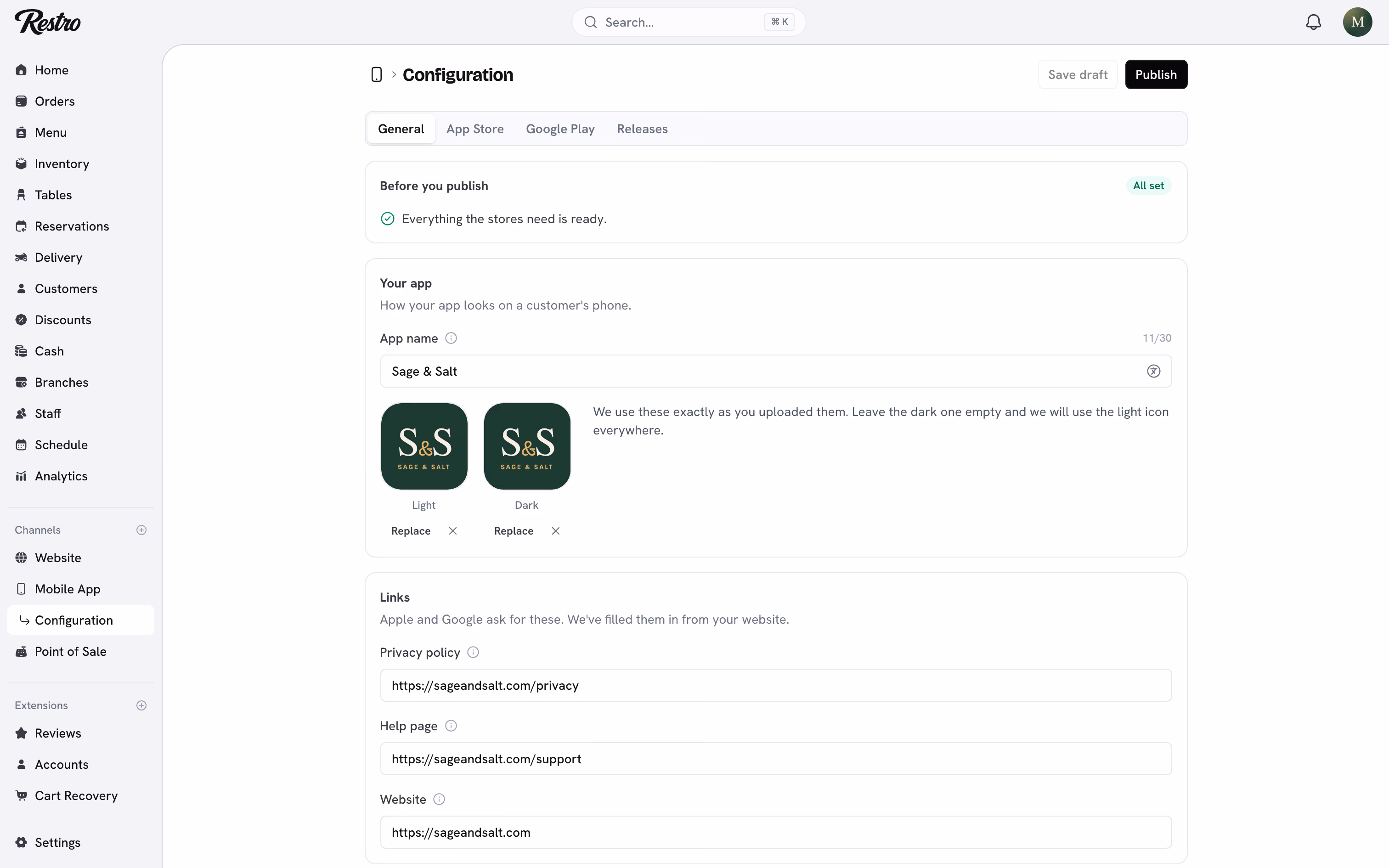 The Configuration page with the General, App Store, Google Play, and Releases tabs.