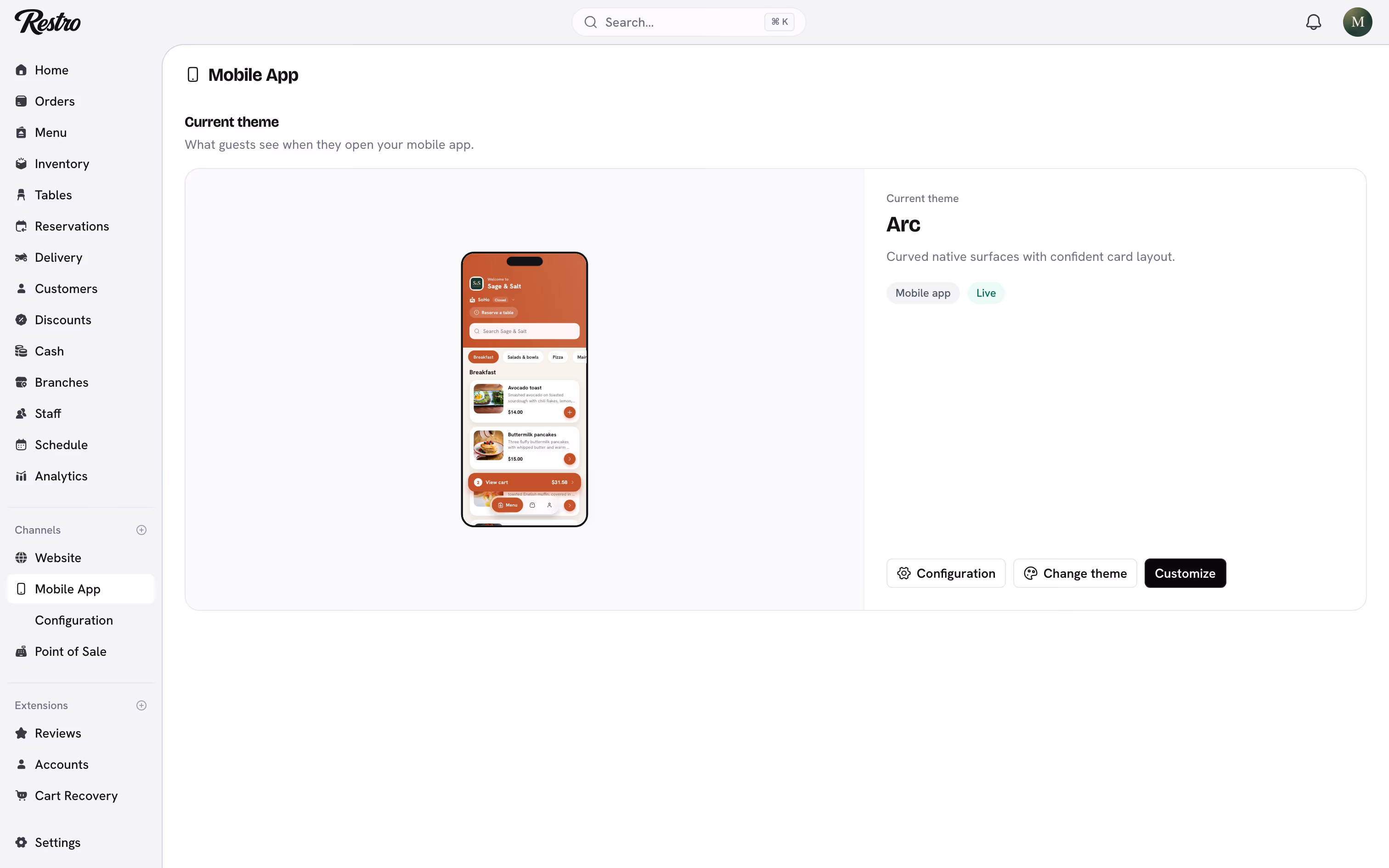 The Mobile App page with the phone preview beside the design settings.