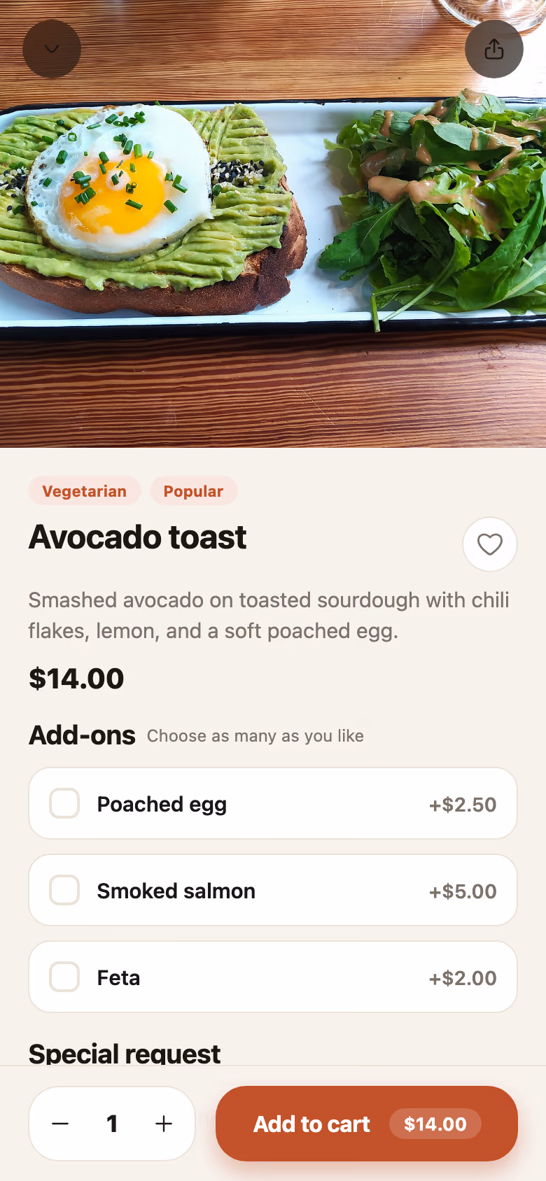 A dish page in the app with its add-ons, quantity and the Add to cart bar.