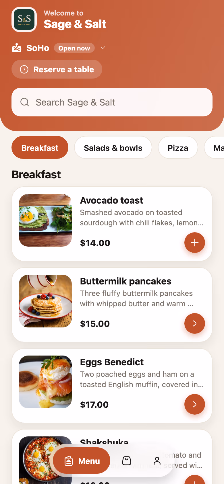 The app preview showing the menu as customers see it.