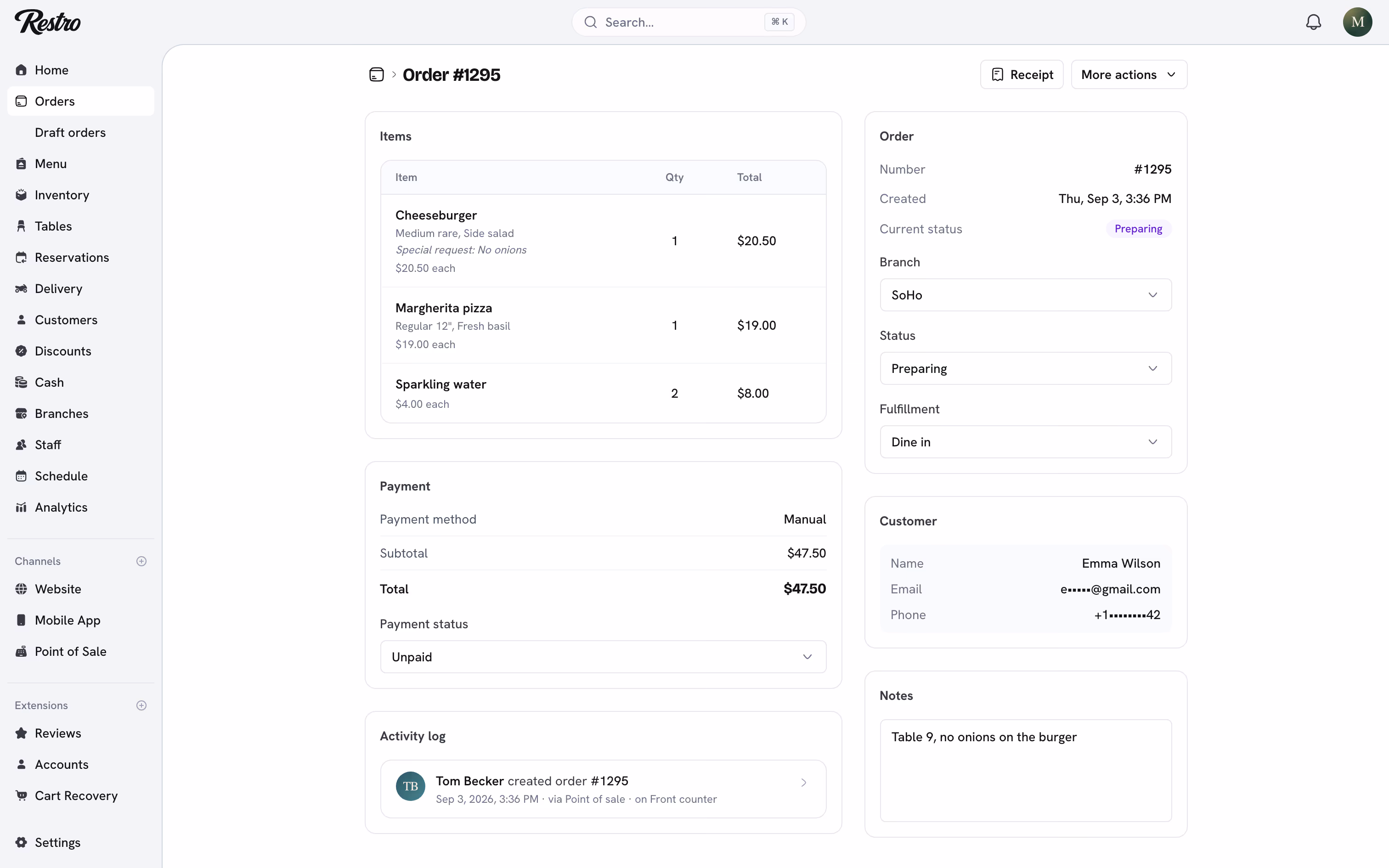 An order's page with its lines, totals, payment and history.