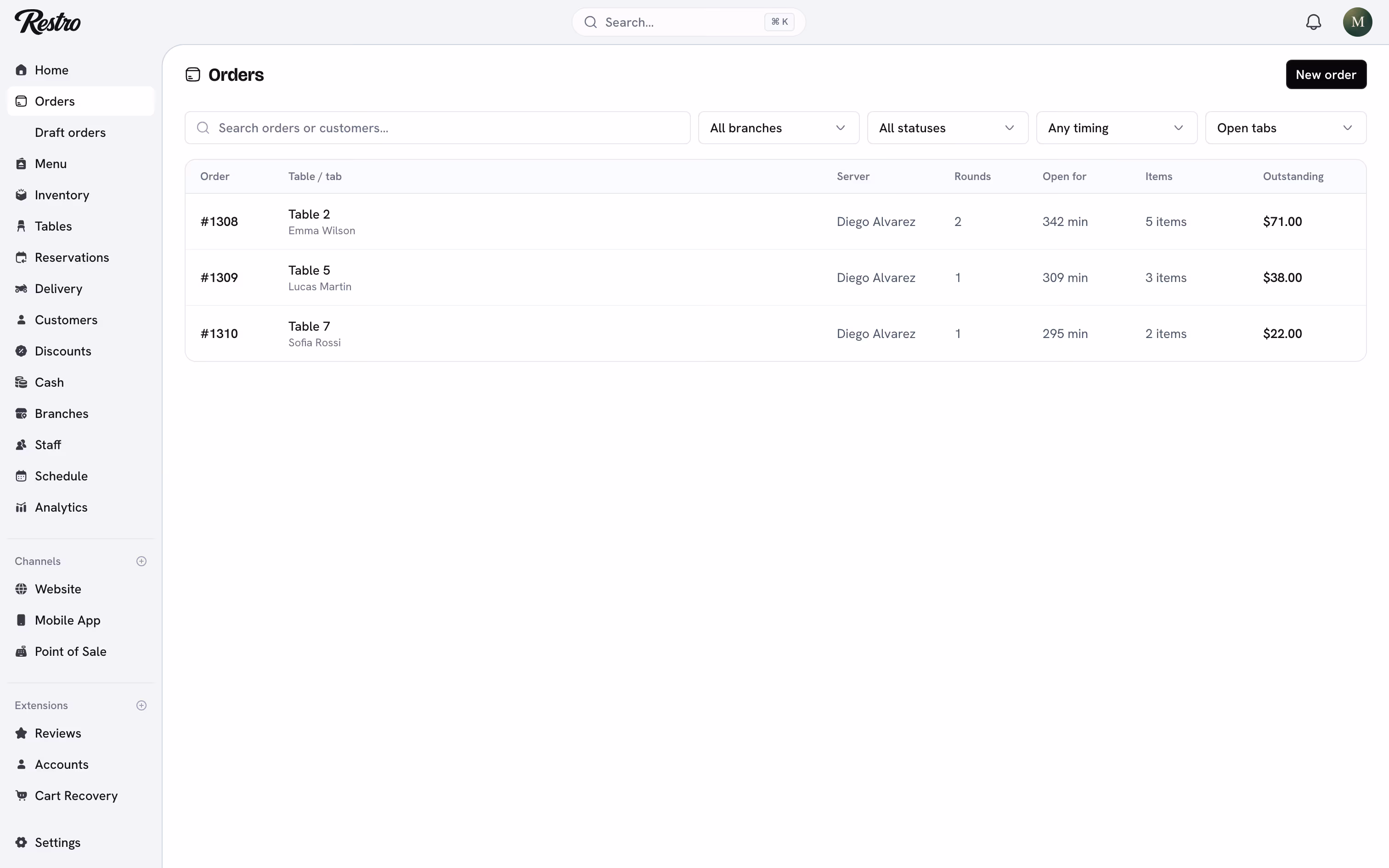 The Orders list switched to the Open tabs view, showing each table, the rounds sent and what is still owing.