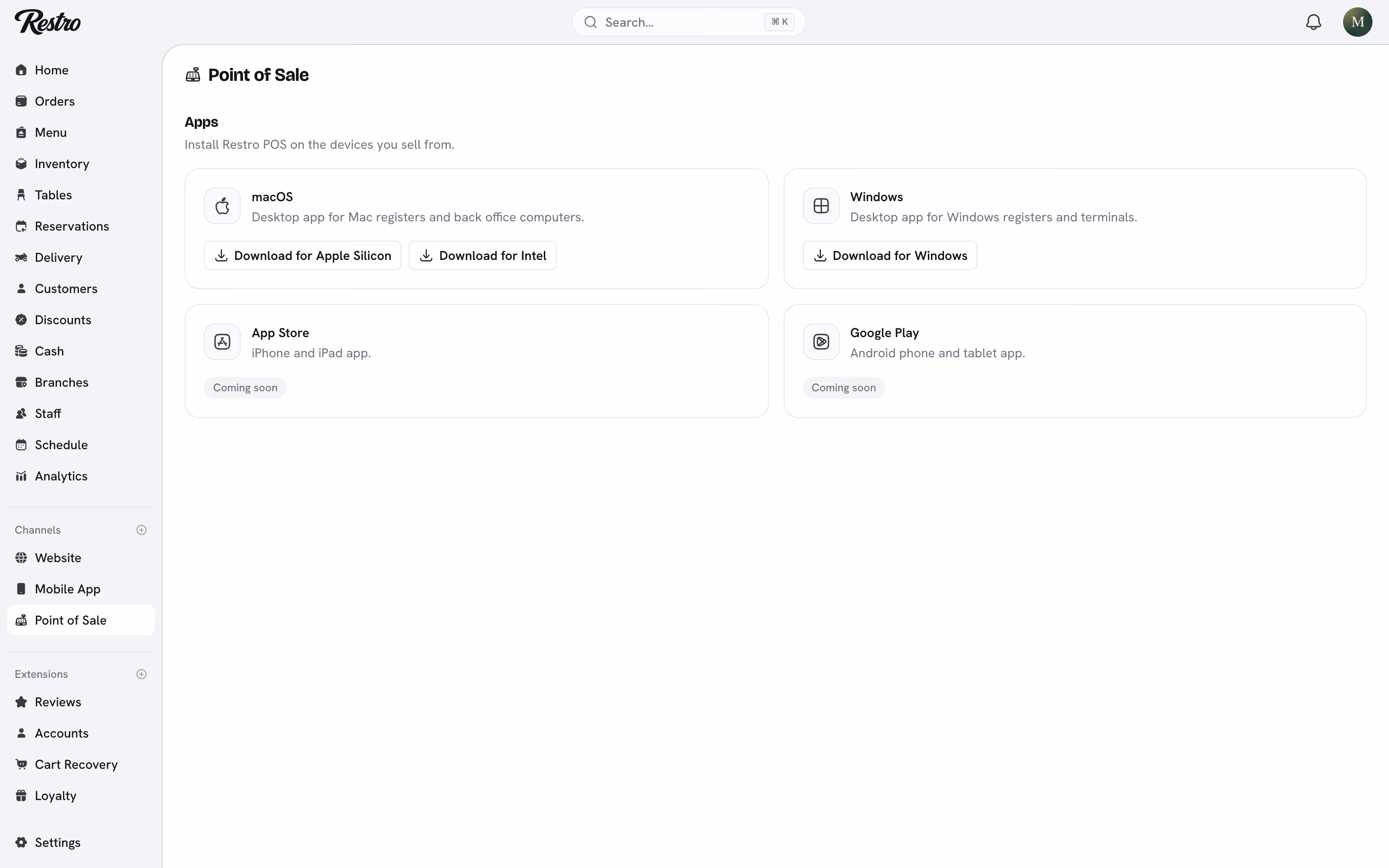 The Point of Sale page with the desktop app downloads.