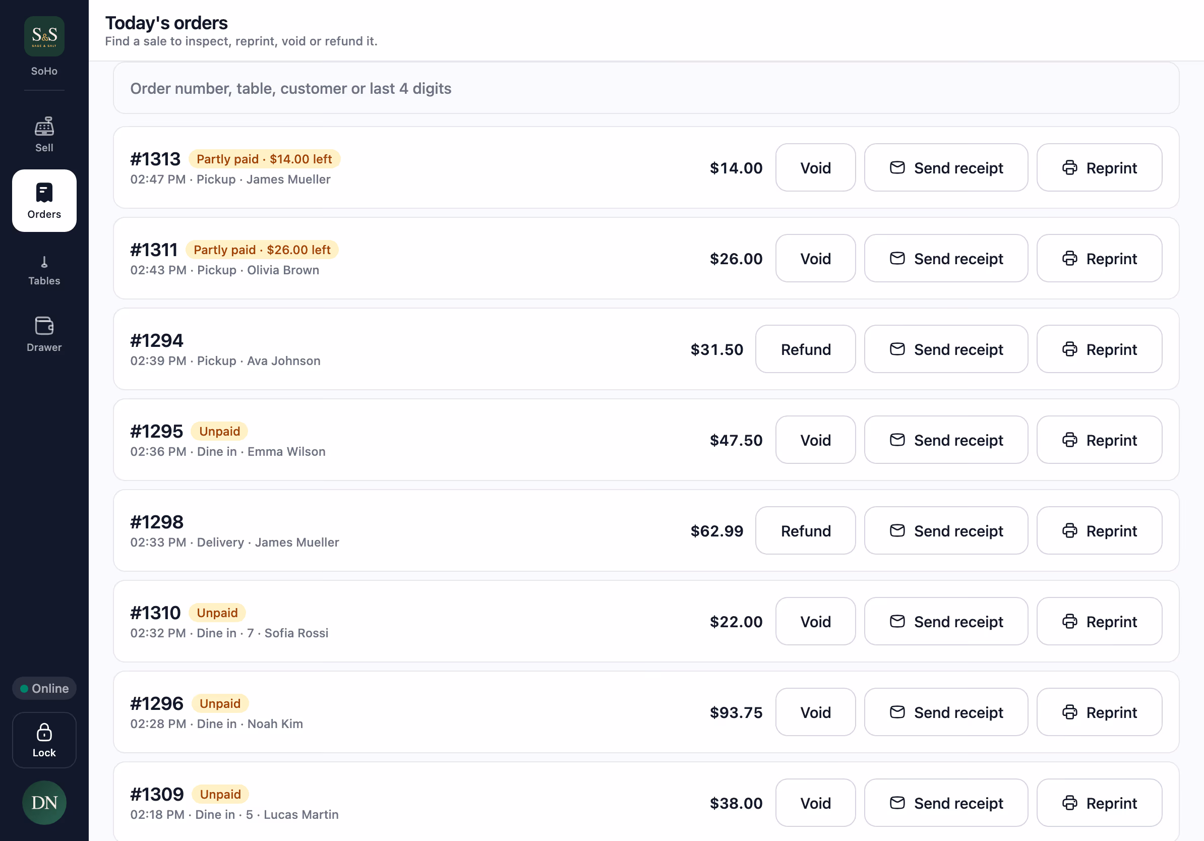 The Orders screen on the terminal with today's sales.