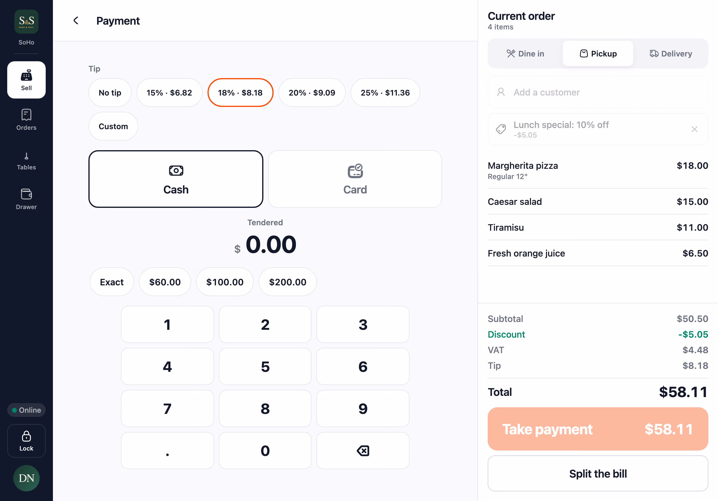 The pay screen on the point of sale with the amount due and the payment methods.