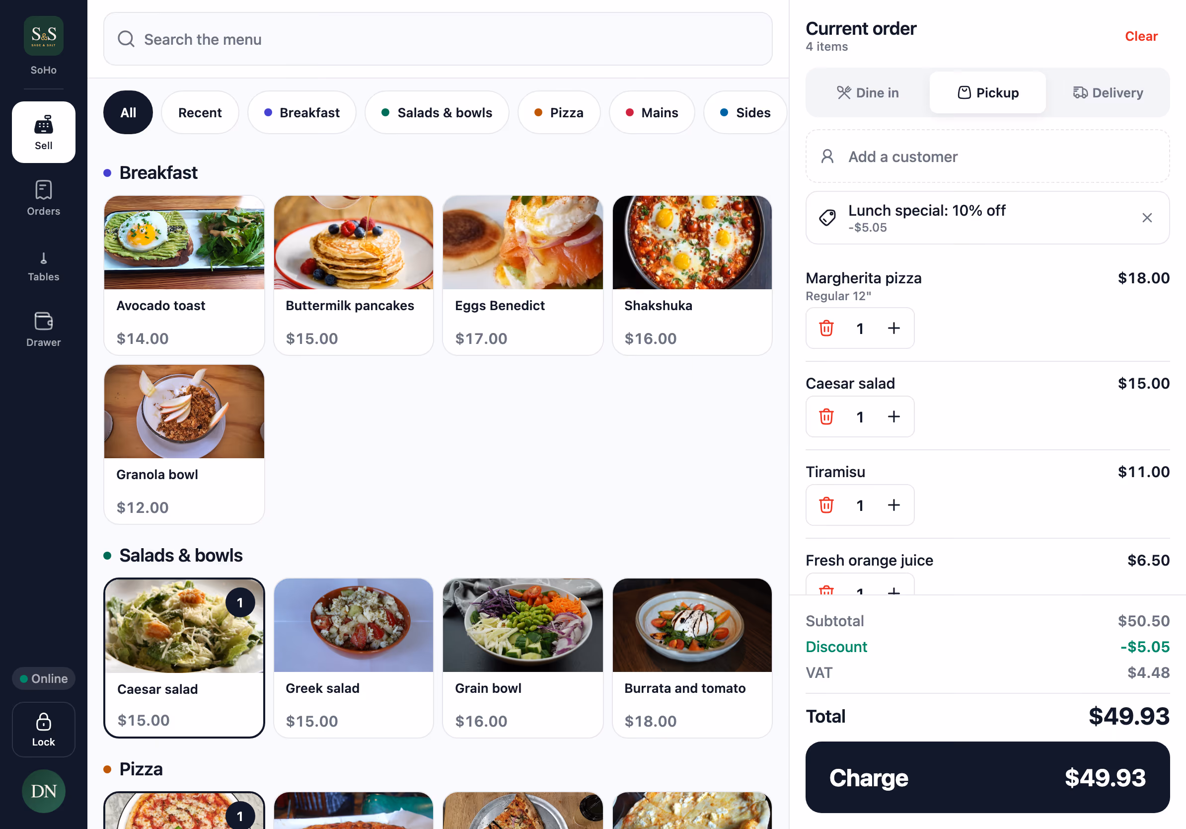 The Sell screen with the menu on the left and the ticket on the right.