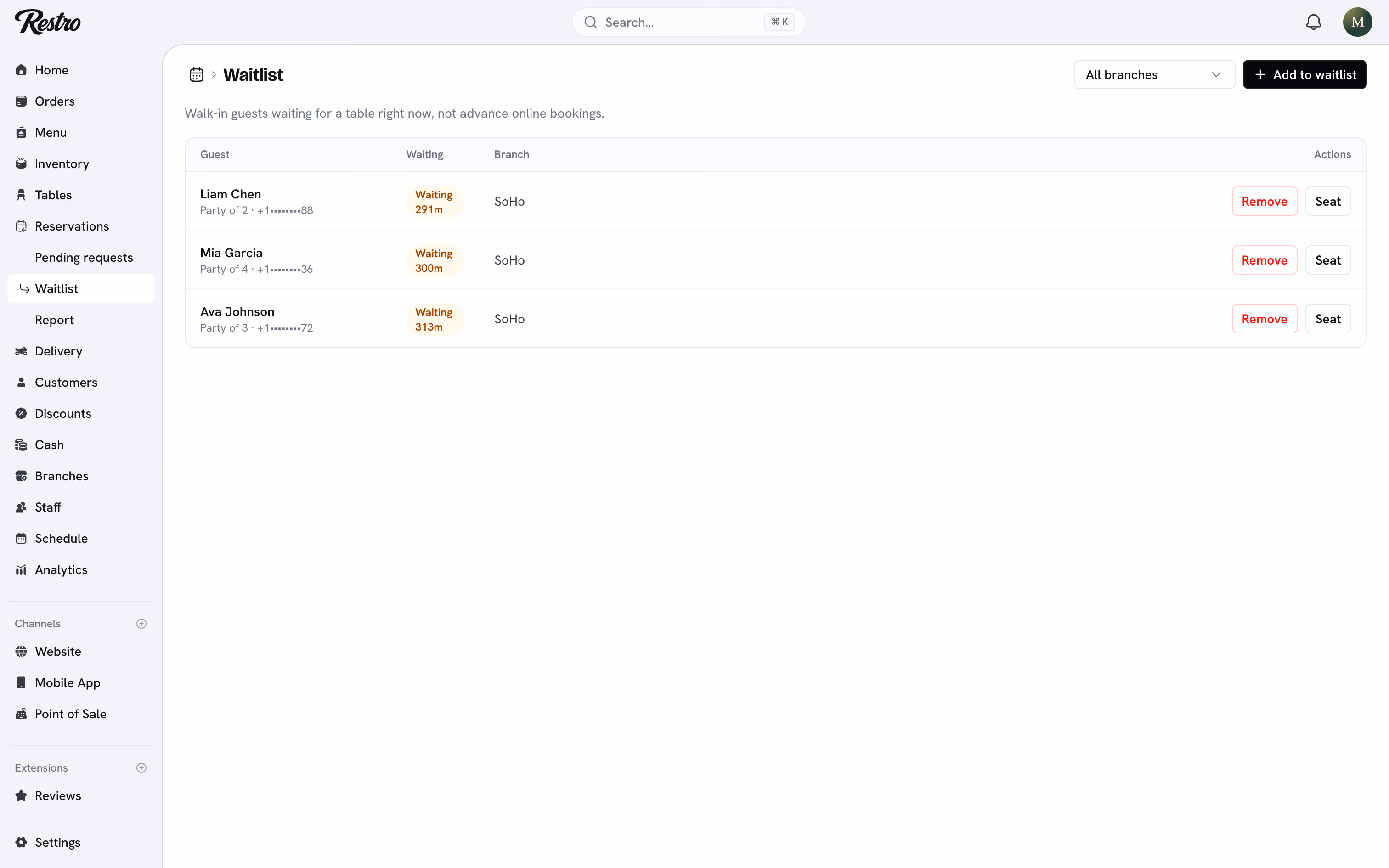 The Waitlist with waiting parties and their wait times.