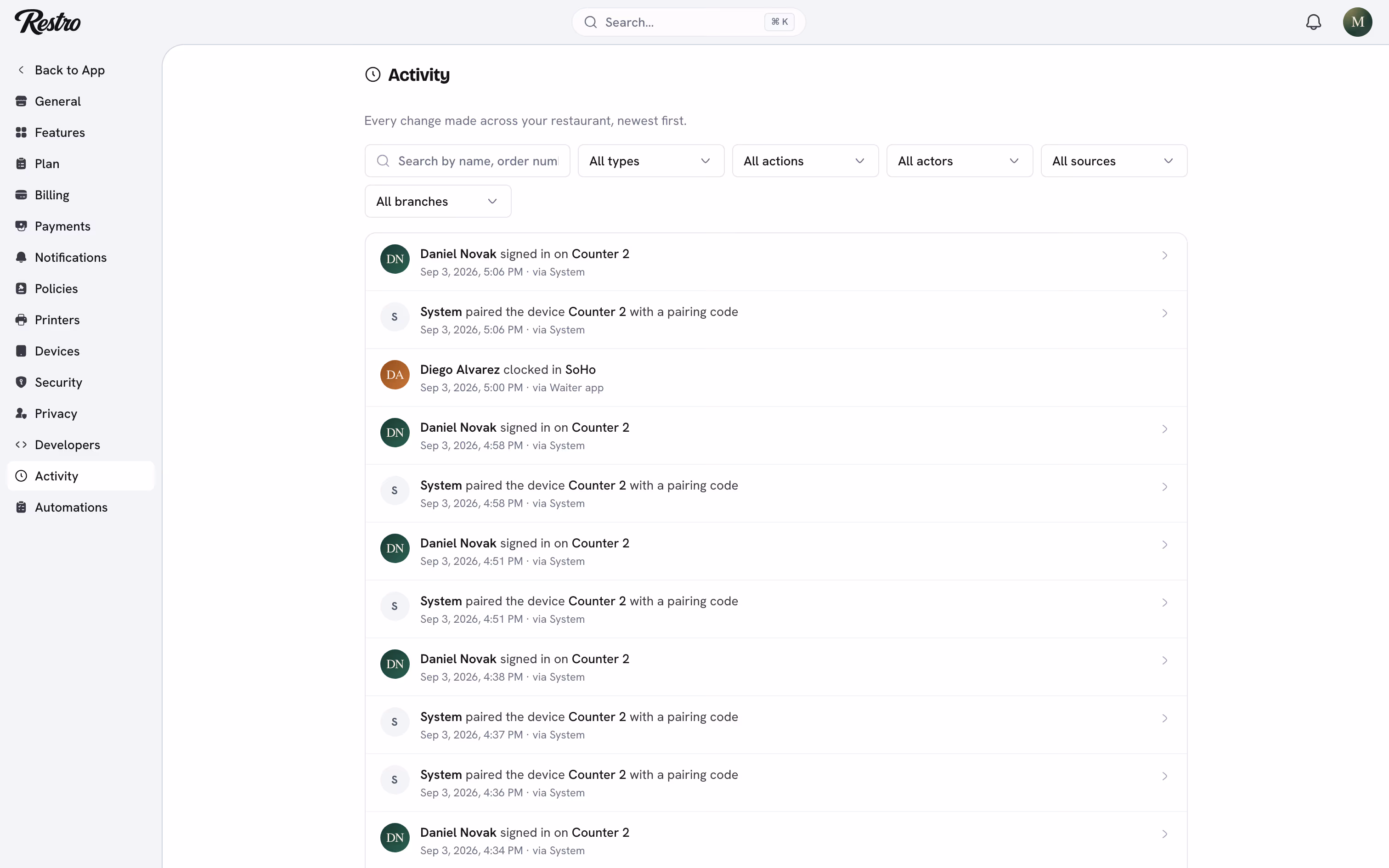 The Activity page listing recent changes with their actor, source and time.