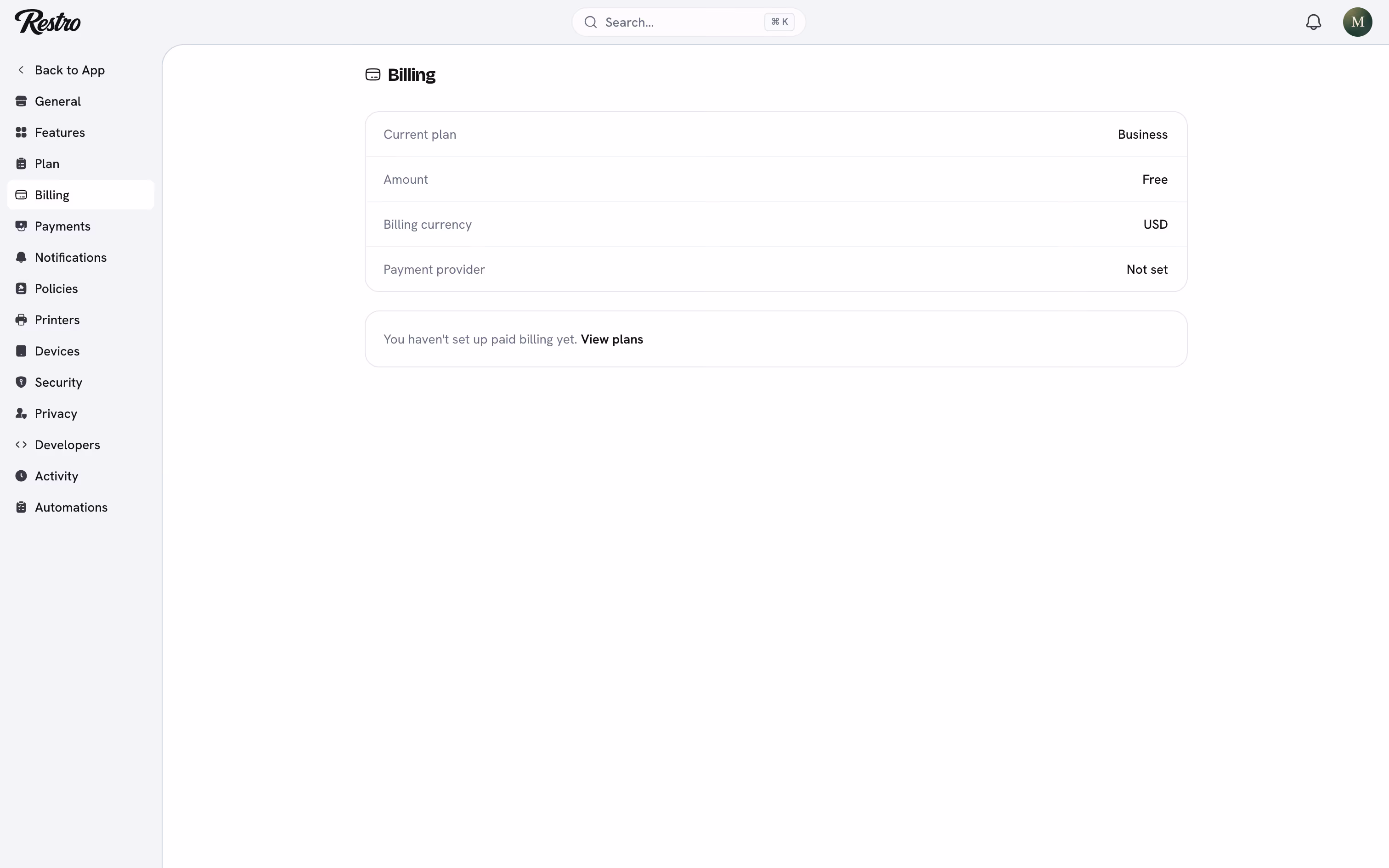 The Billing page with invoice history and the payment method.