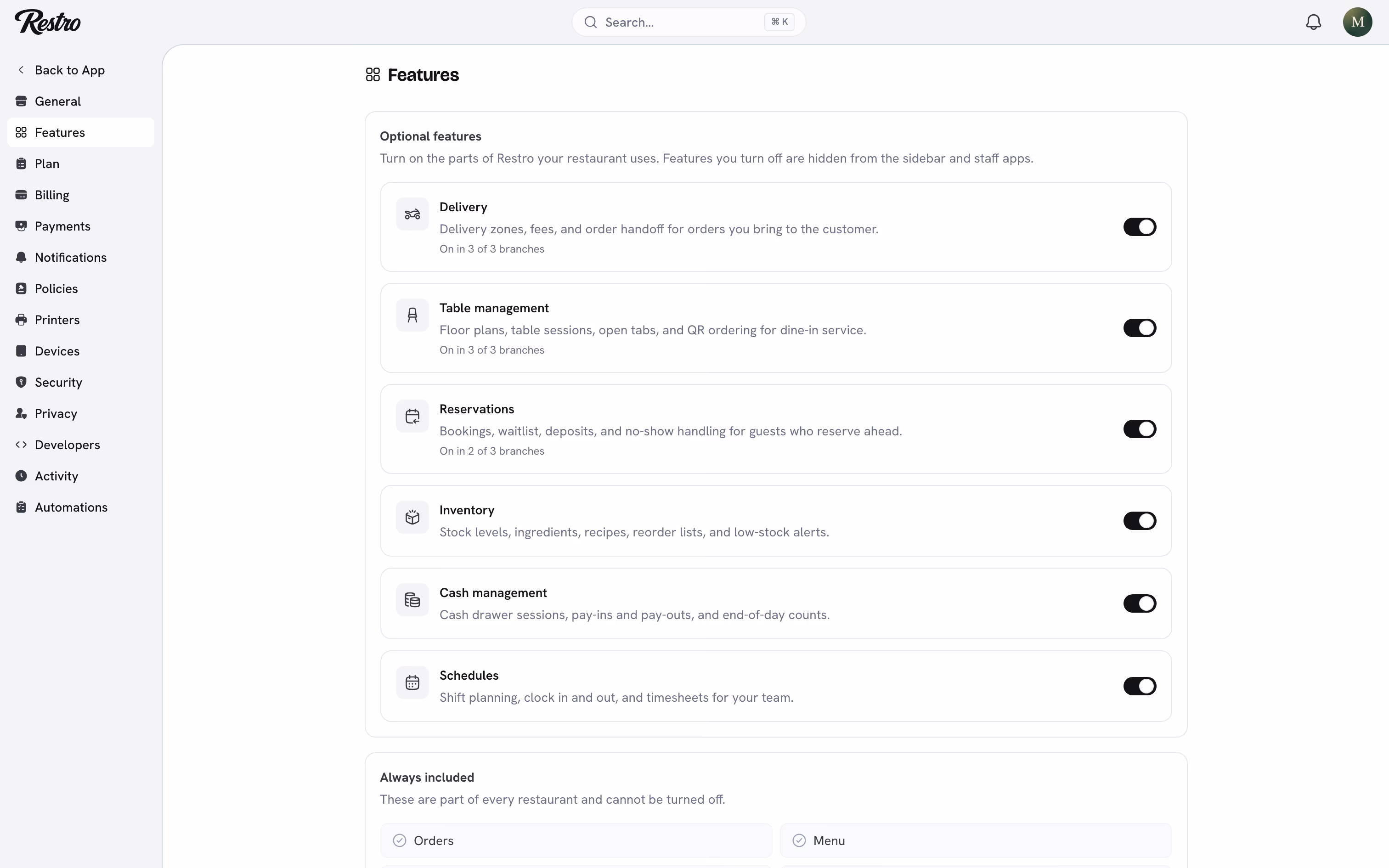 The Features page with the optional features and their switches.