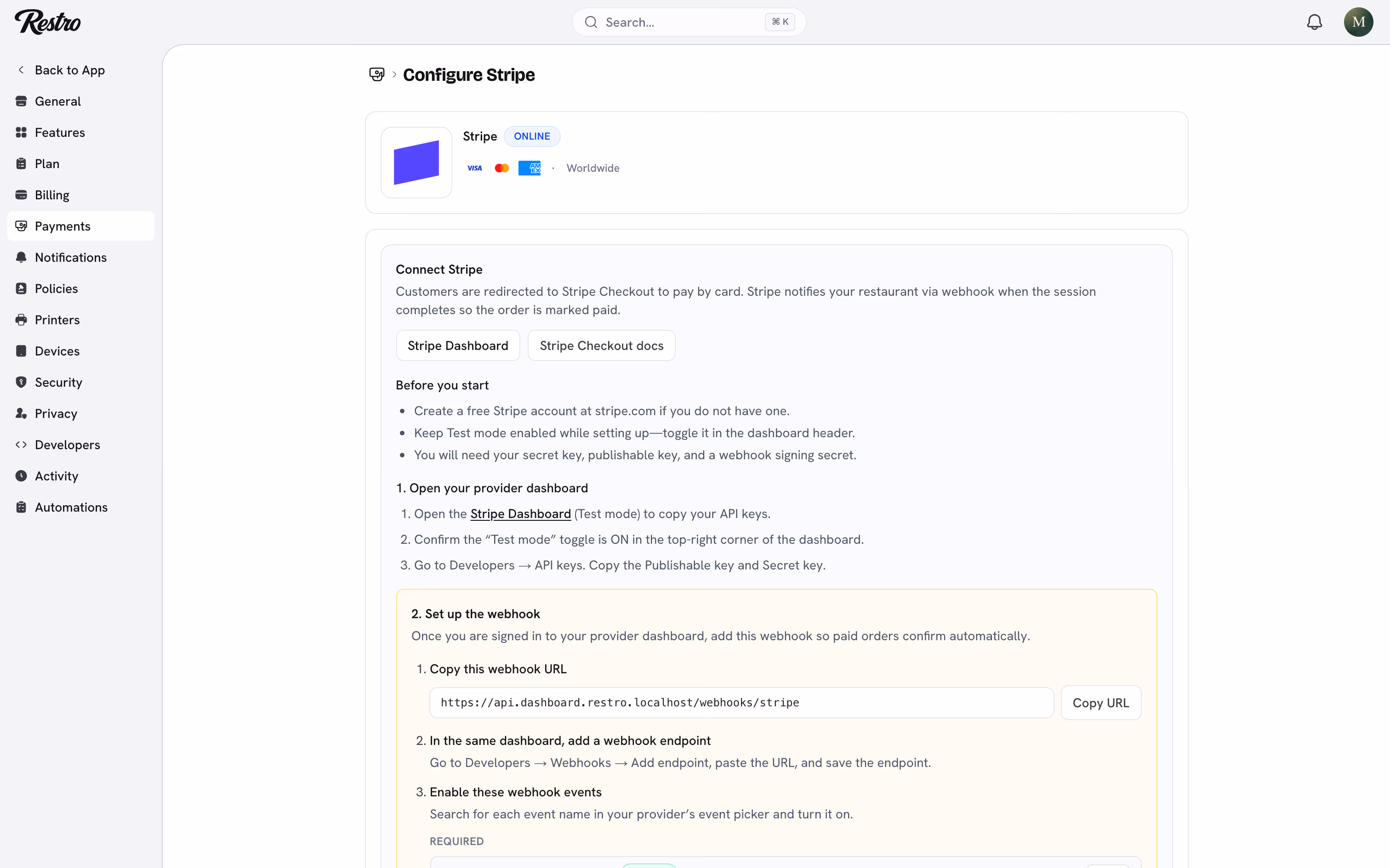The setup page for an online provider with its credential fields and step-by-step guide.