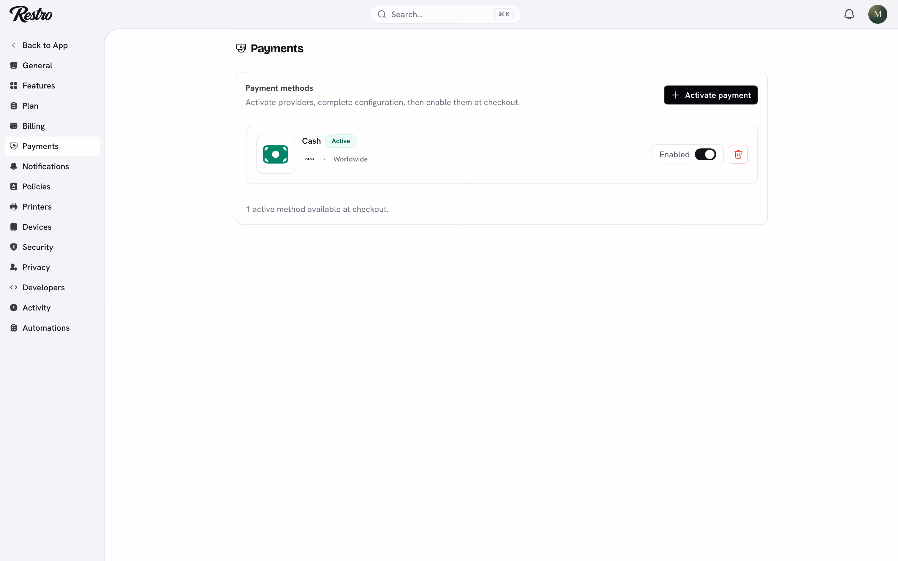 The Payments page with the active payment methods and their status.