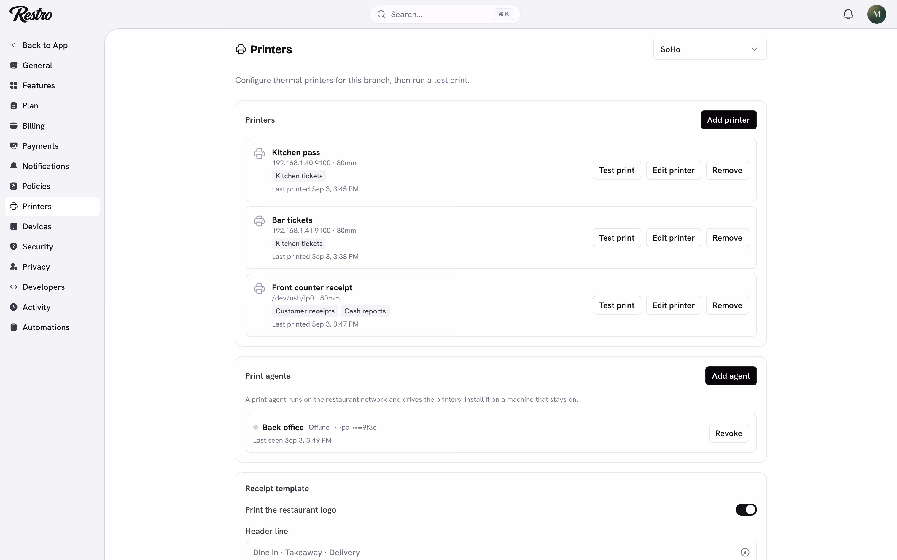 The Printers settings page listing the branch's shared receipt and kitchen printers.