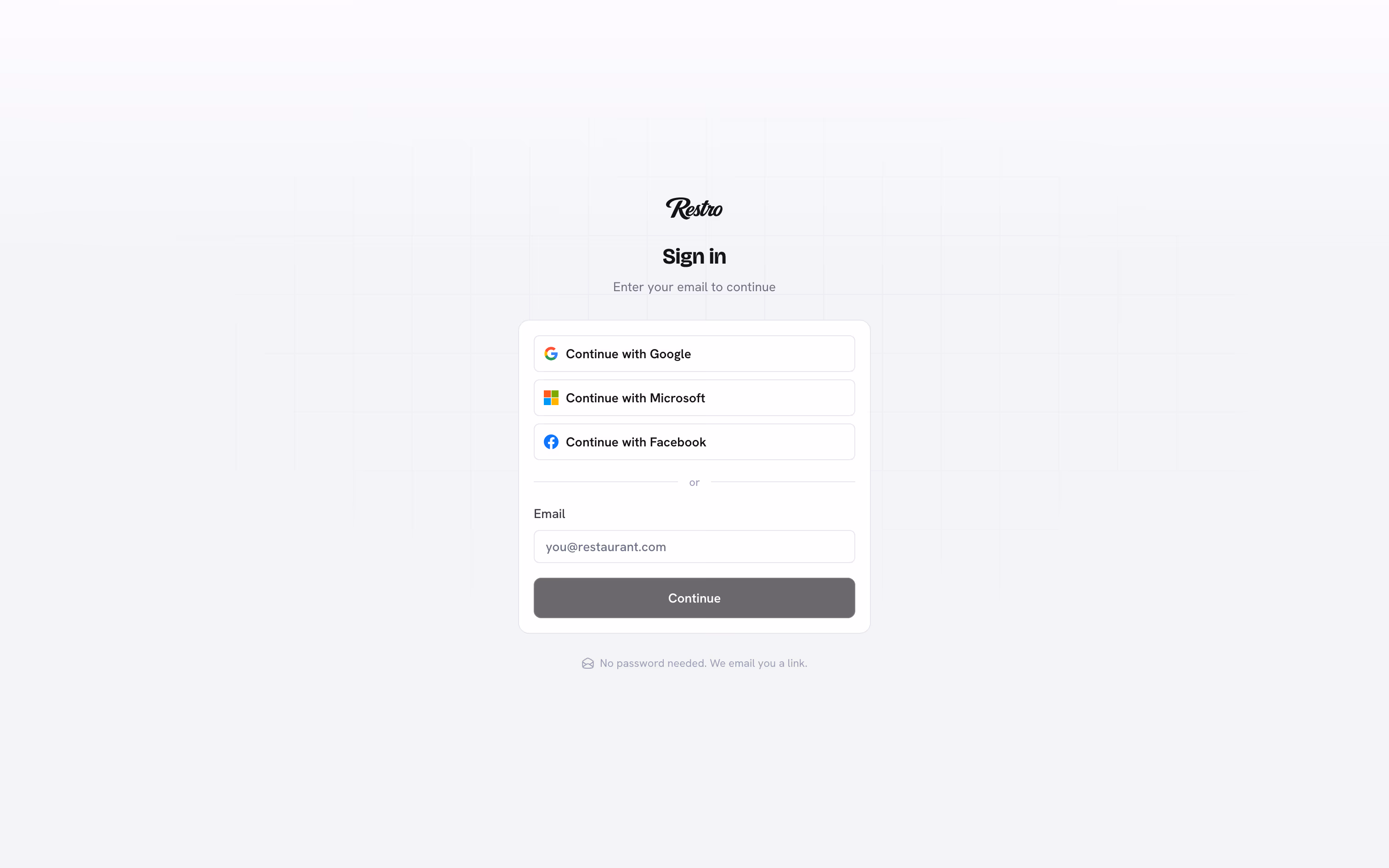The sign-in screen with Google, Microsoft, Facebook, and email options.