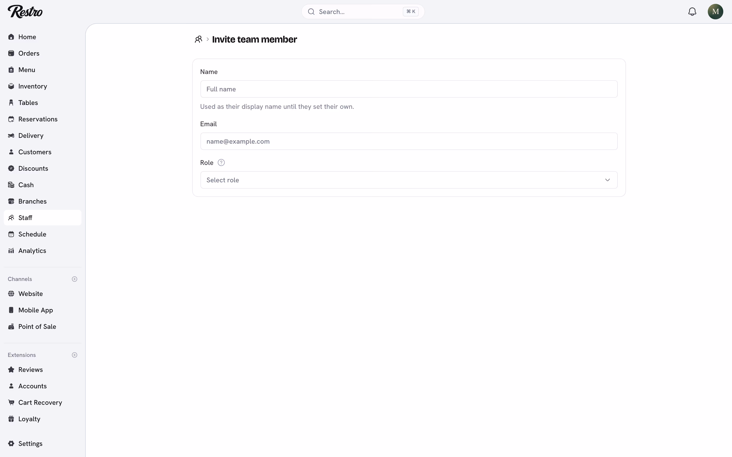 The Invite team member form with role and branch access.