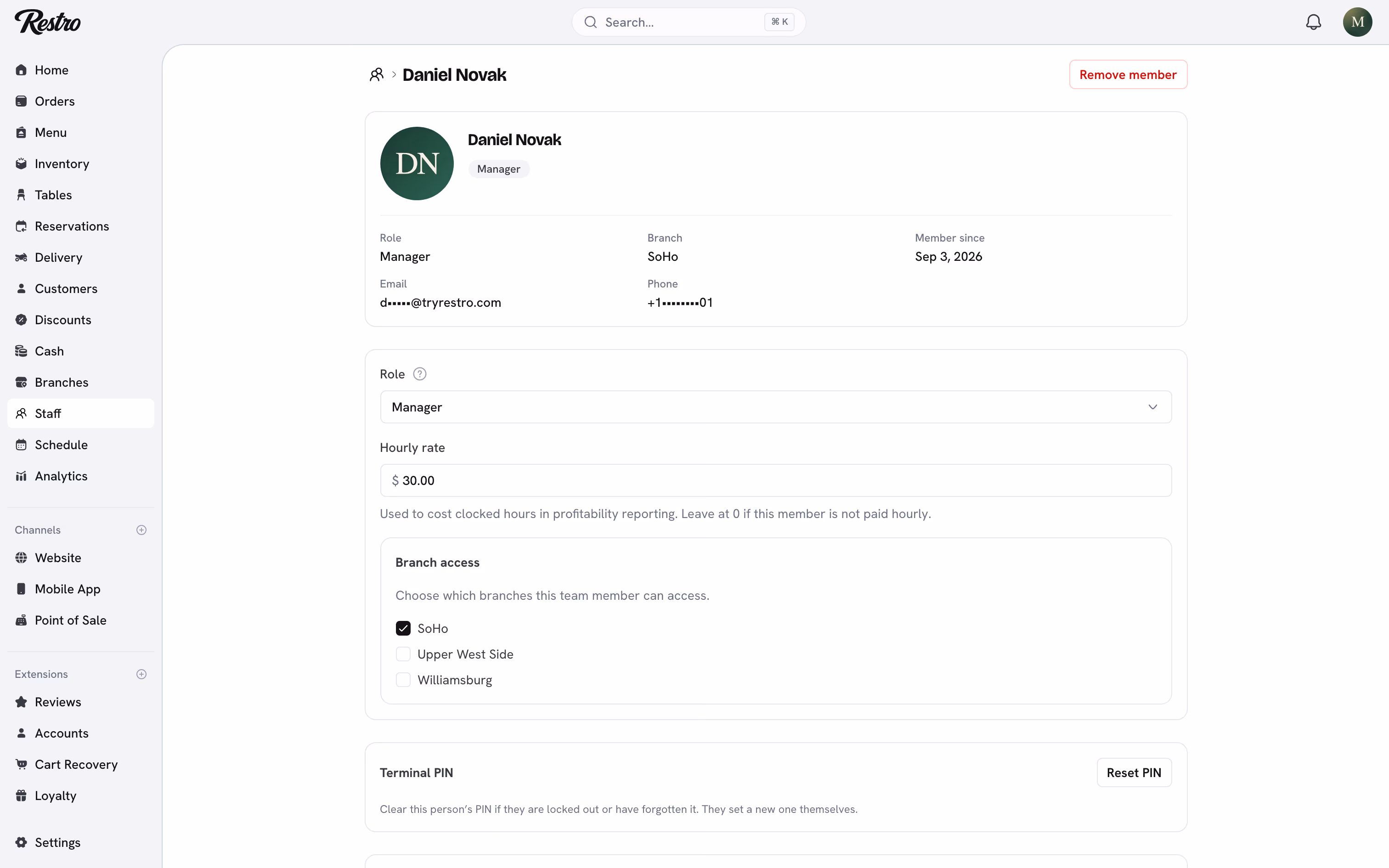 A team member's page showing role, branch access and the Terminal PIN section.