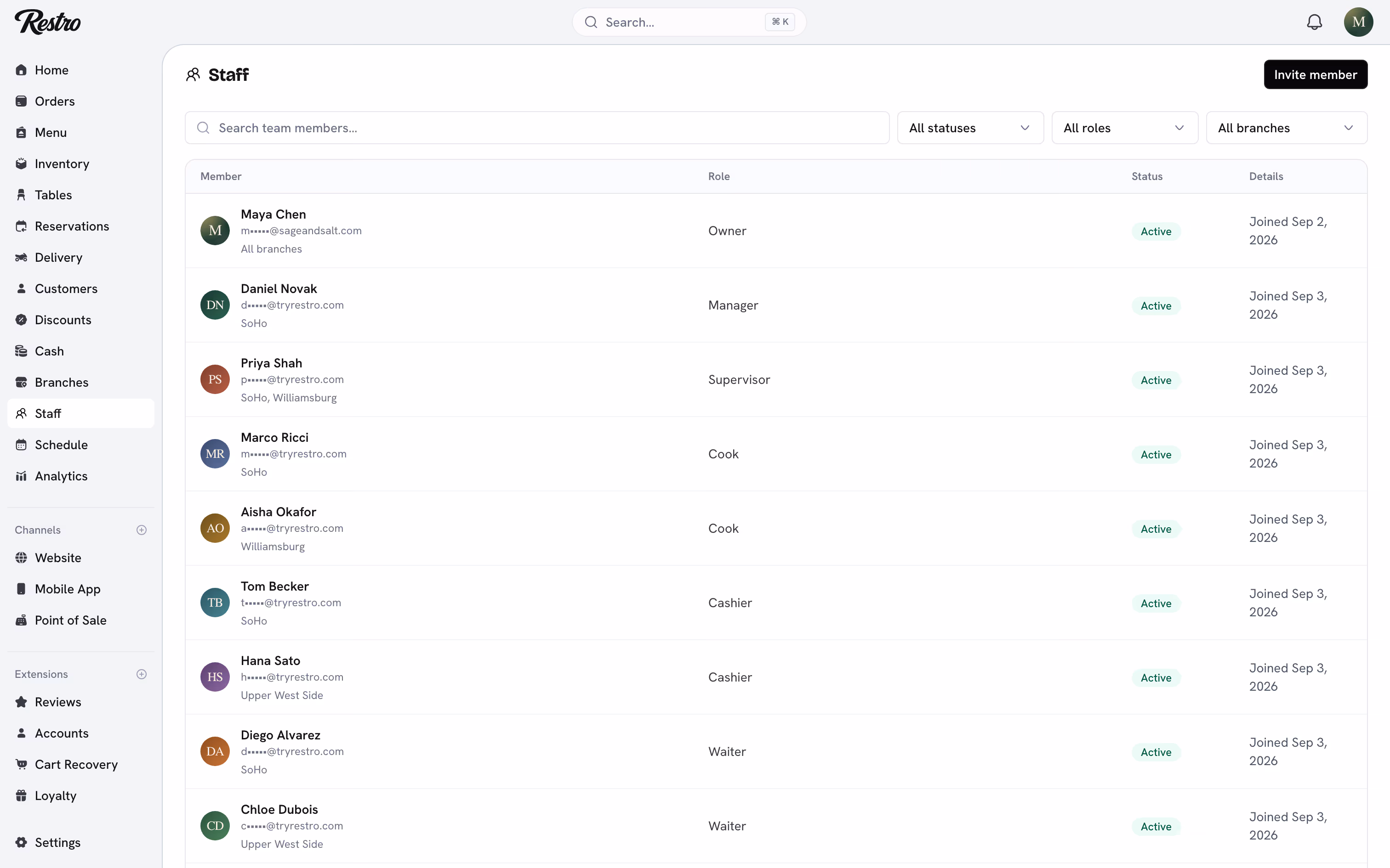 The Staff list showing each team member's role, branch access and status.