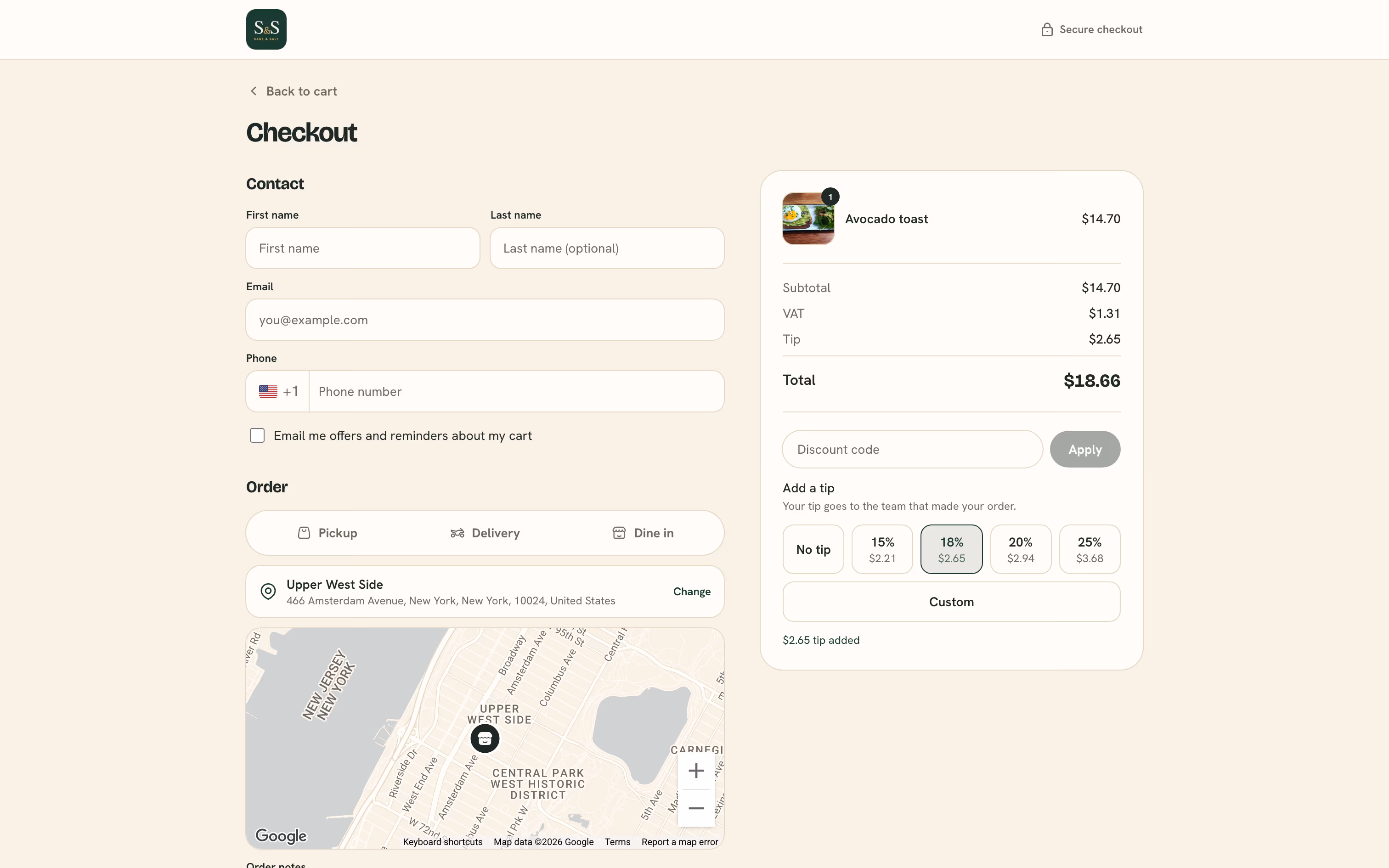 The storefront checkout with the order summary, the fulfillment choice and payment.