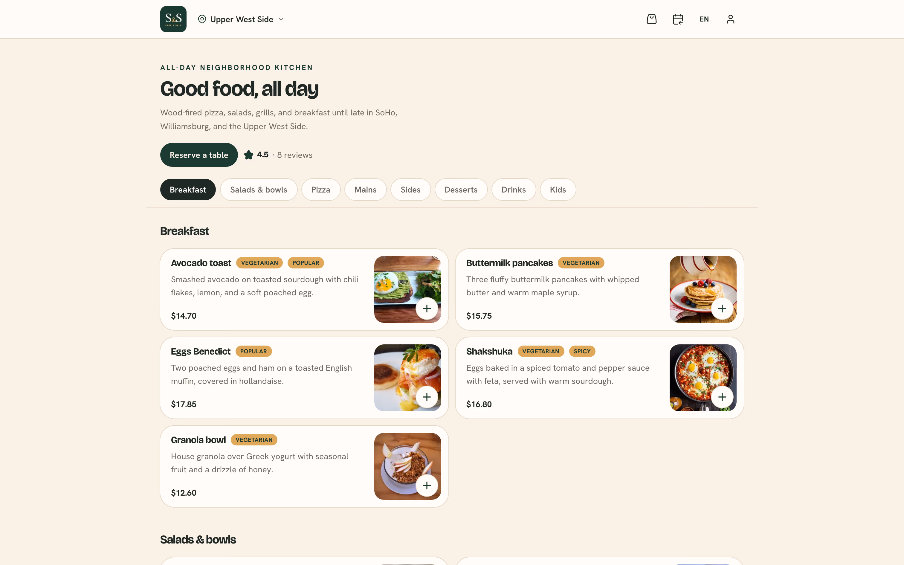The Sage & Salt storefront homepage on the Taste design.