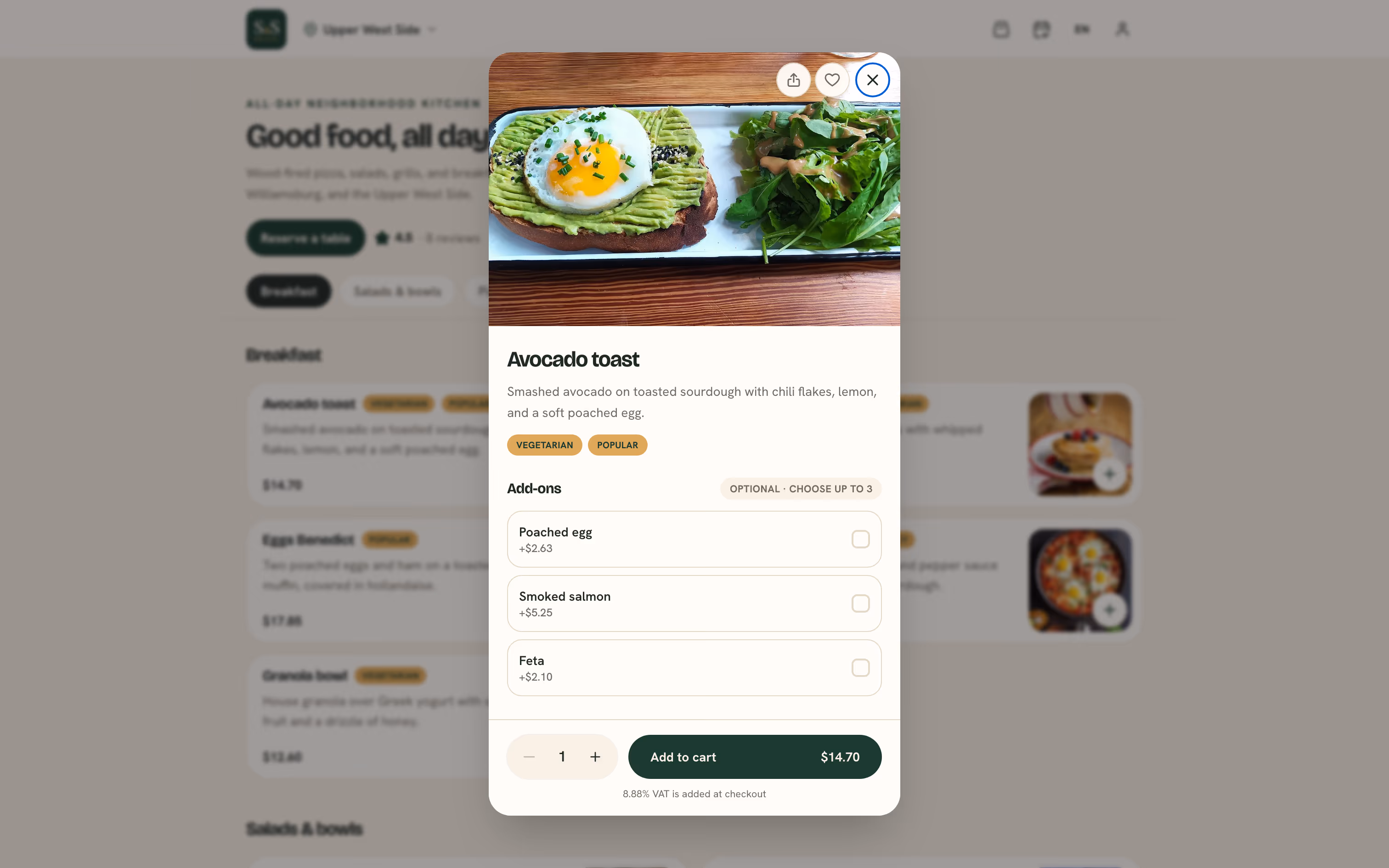 A dish opened on the storefront with its add-ons and the Add to cart bar.