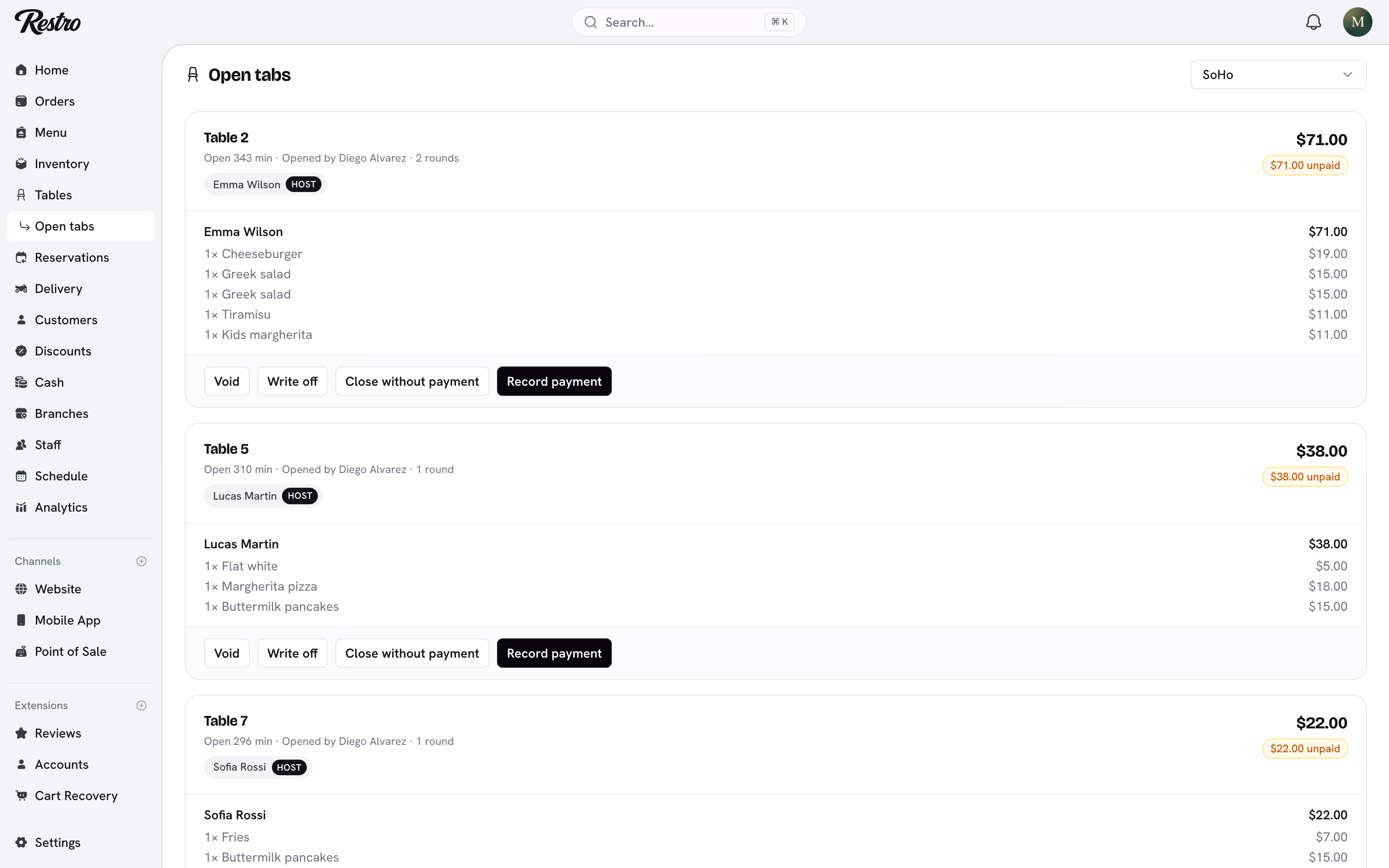 The Open tabs list with rounds, who opened each tab and the amount outstanding.