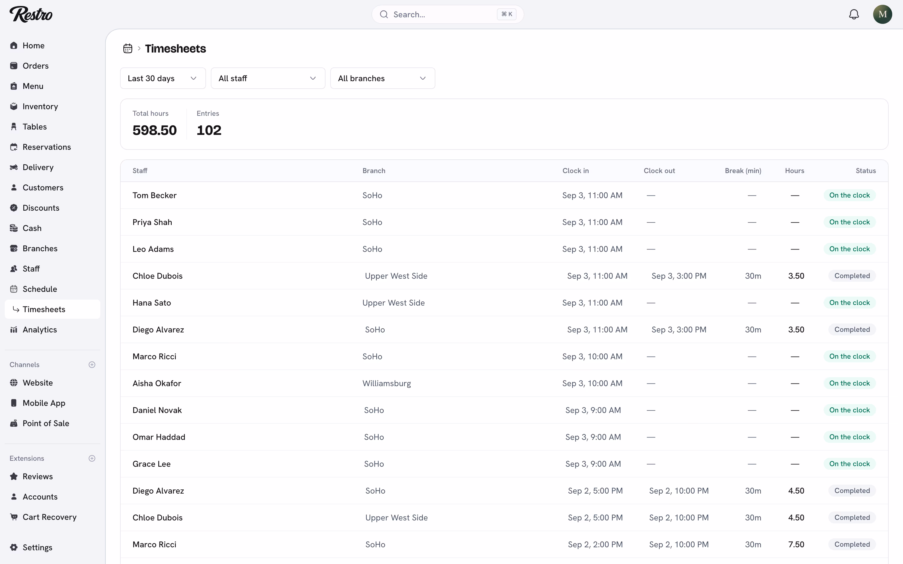 Timesheets for the last 30 days with total hours and each time entry.