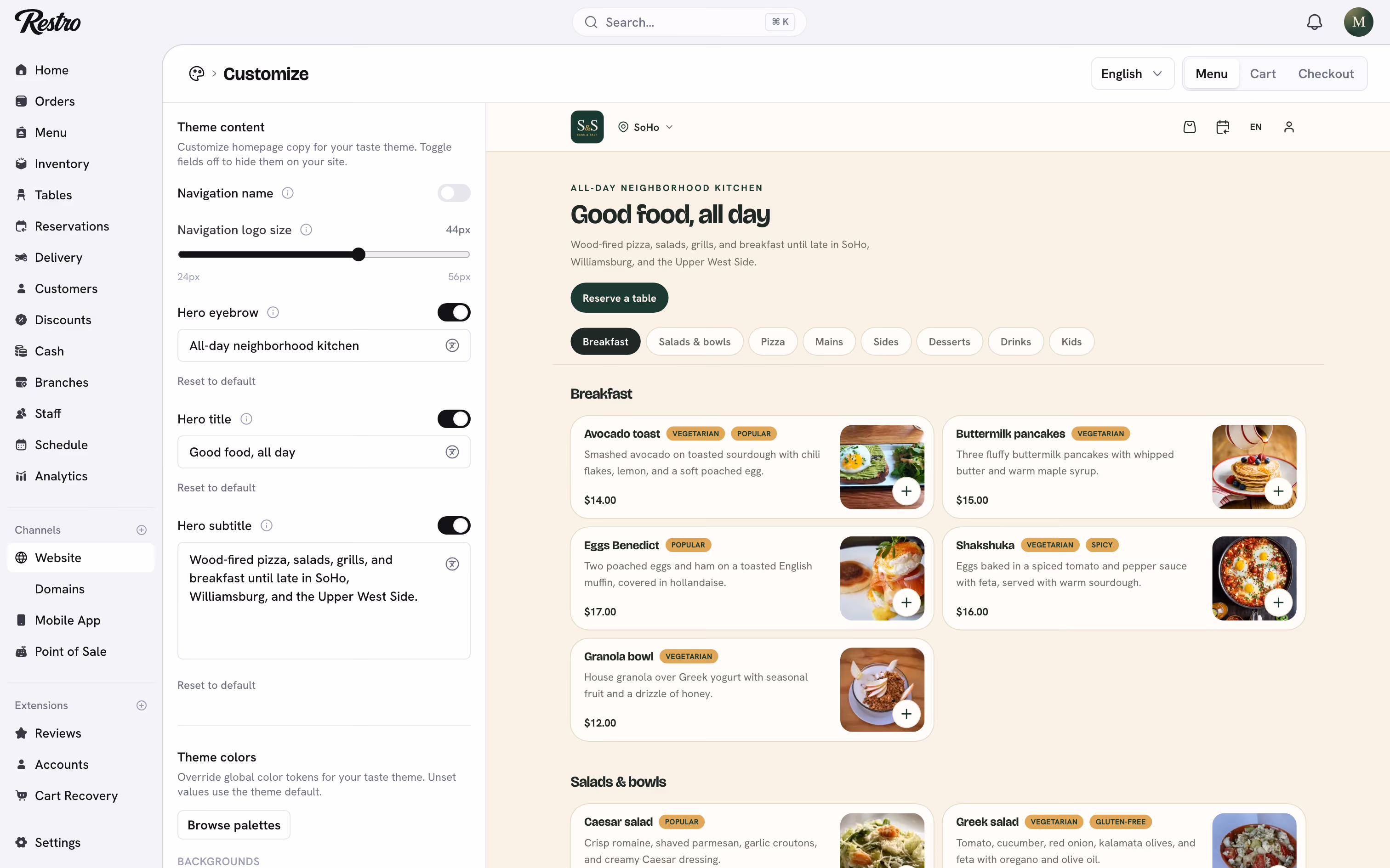 The Customize page with the theme content fields beside a live preview.