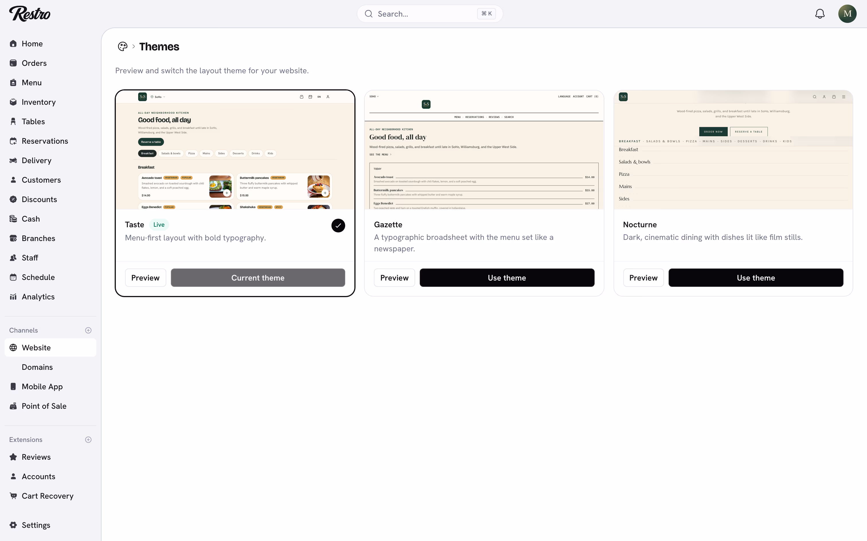 The Themes page with previews of Taste, Gazette, and Nocturne.