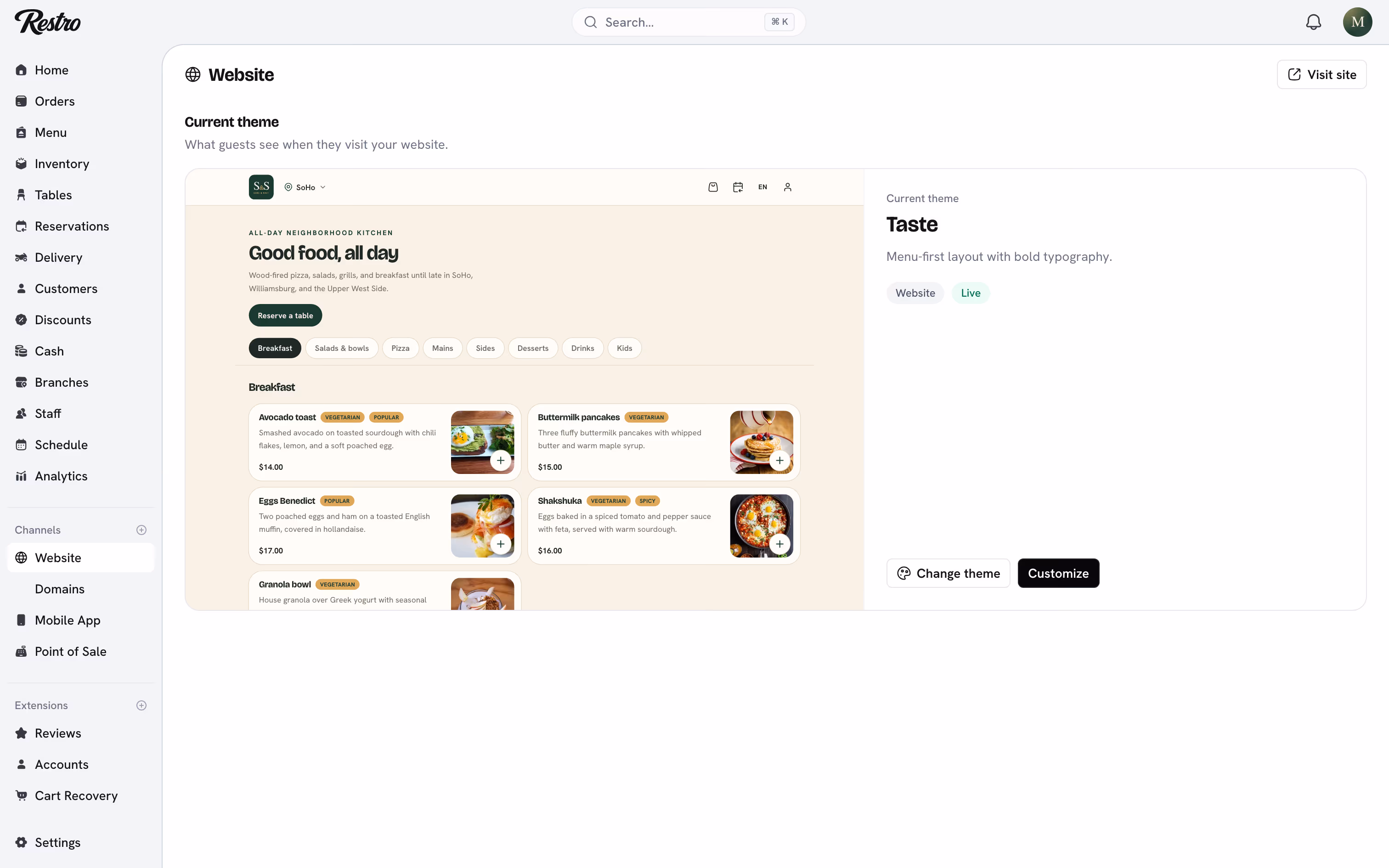 The Website page showing the current design and a preview of the storefront.